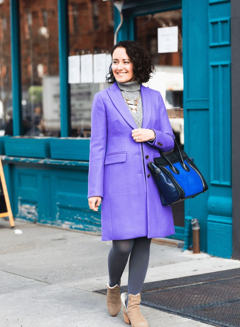 Purple J.Crew Coat_J.Crew Dress_Celine Bag_Jeffrey Campbell Booties