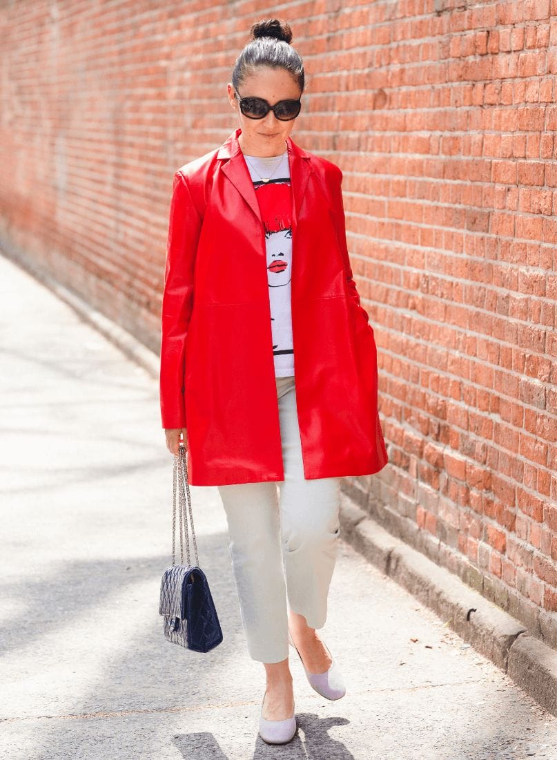 Red Theory Coat Theory Linen Pants Coclico Shoes by Modnitsa Styling