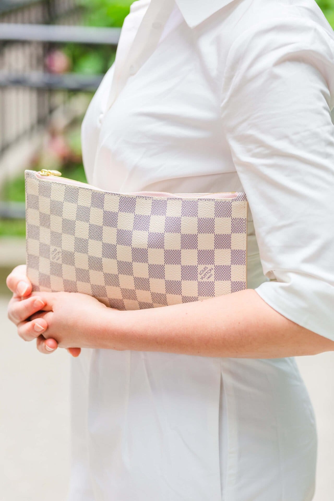 GMG White Jumpsuit Kingston Earrings LV Clutch Tory Burch Sandals Look by Modnitsa Styling