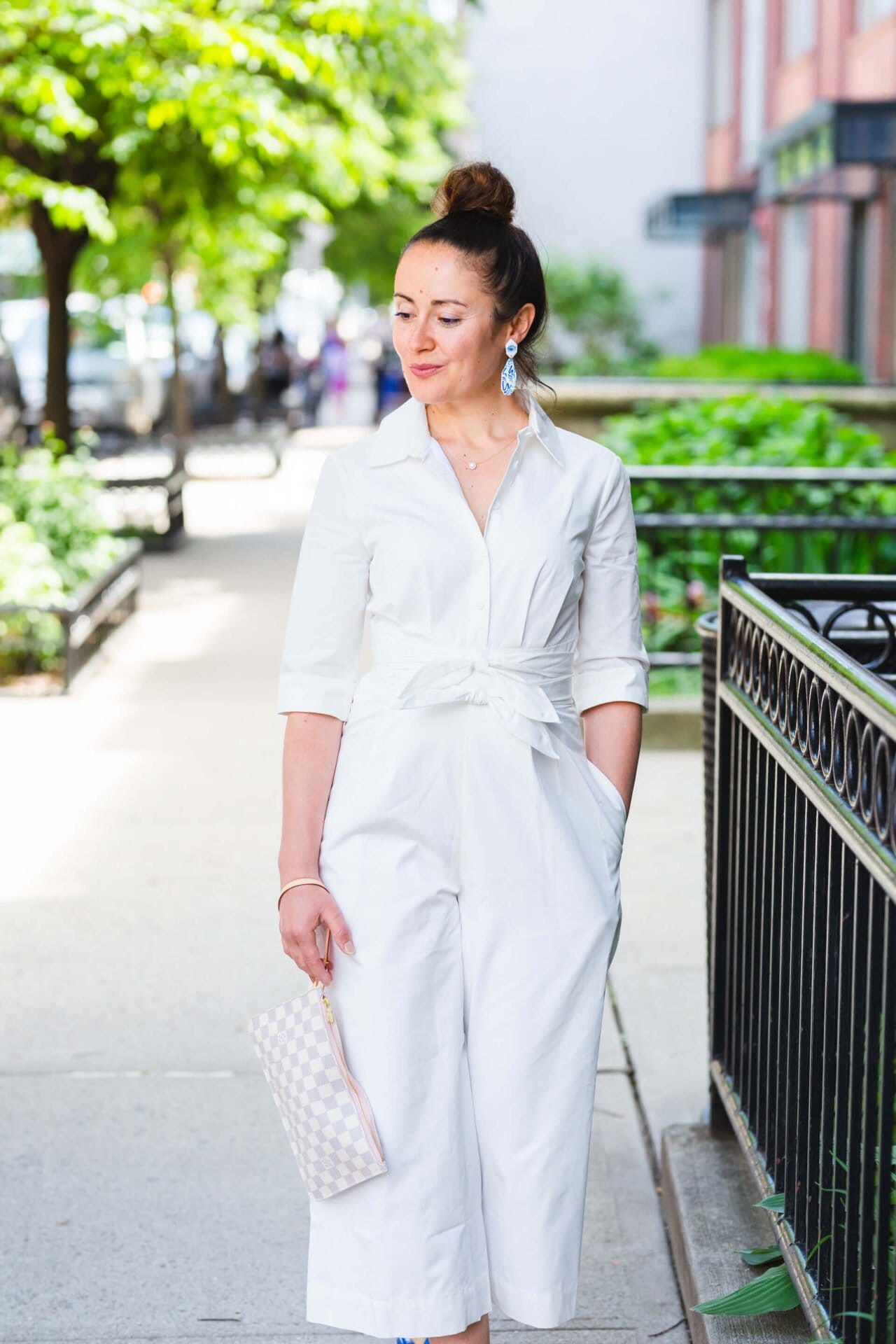 GMG White Jumpsuit Kingston Earrings LV Clutch Tory Burch Sandals Look by Modnitsa Styling