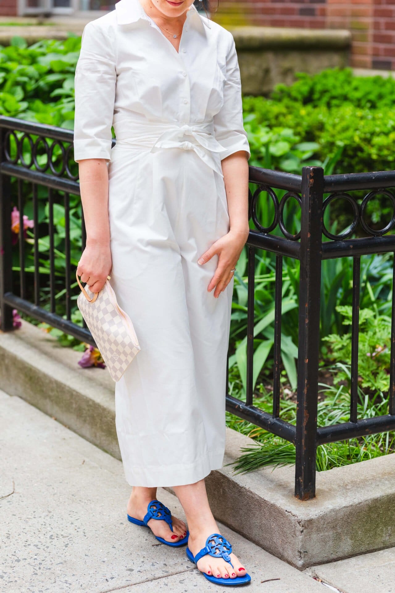 GMG White Jumpsuit Kingston Earrings LV Clutch Tory Burch Sandals Look by Modnitsa Styling