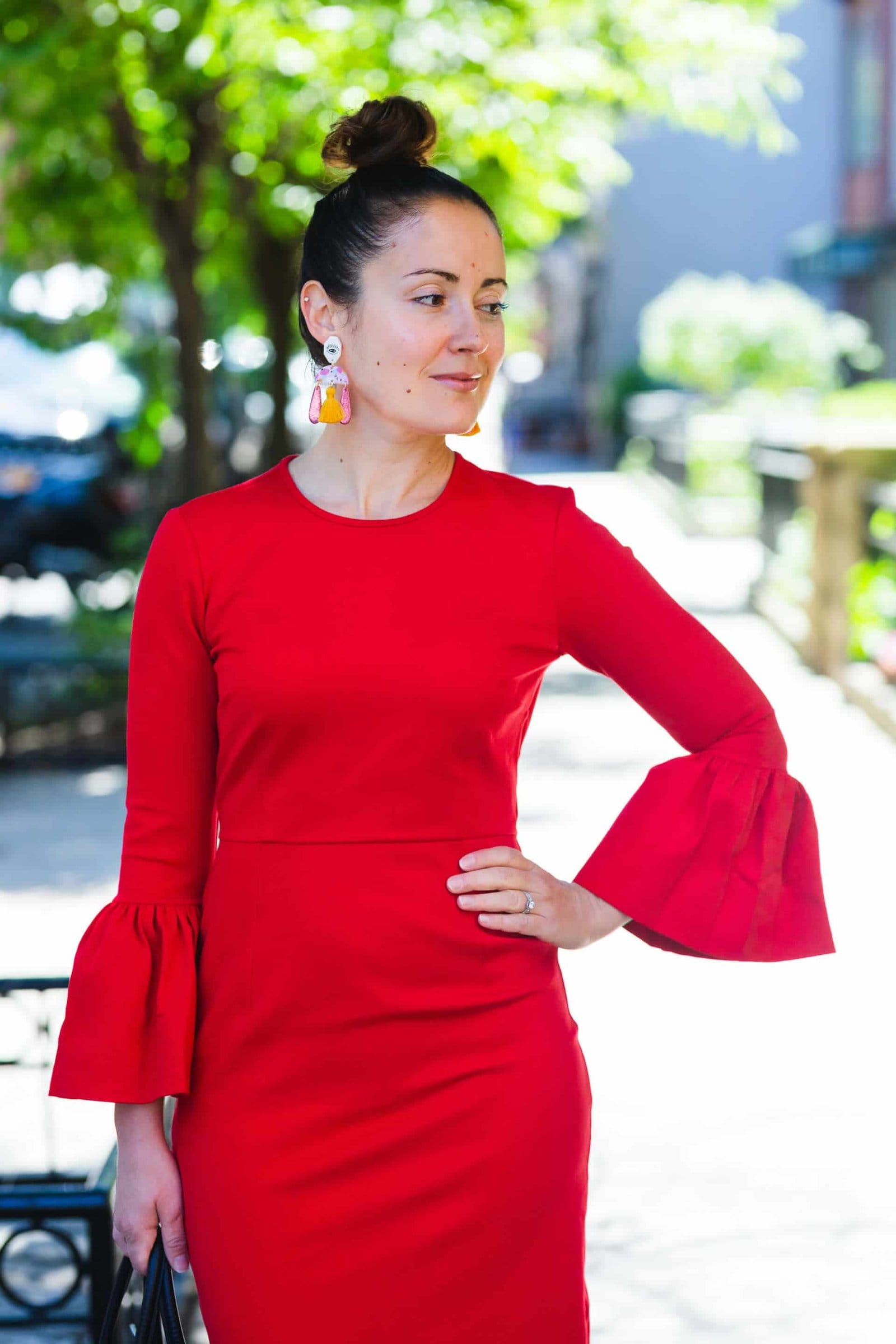 Rachel Parcell Red Sheath Kingston Earrings Jimmy Choo Shoes Look by Modnitsa Styling