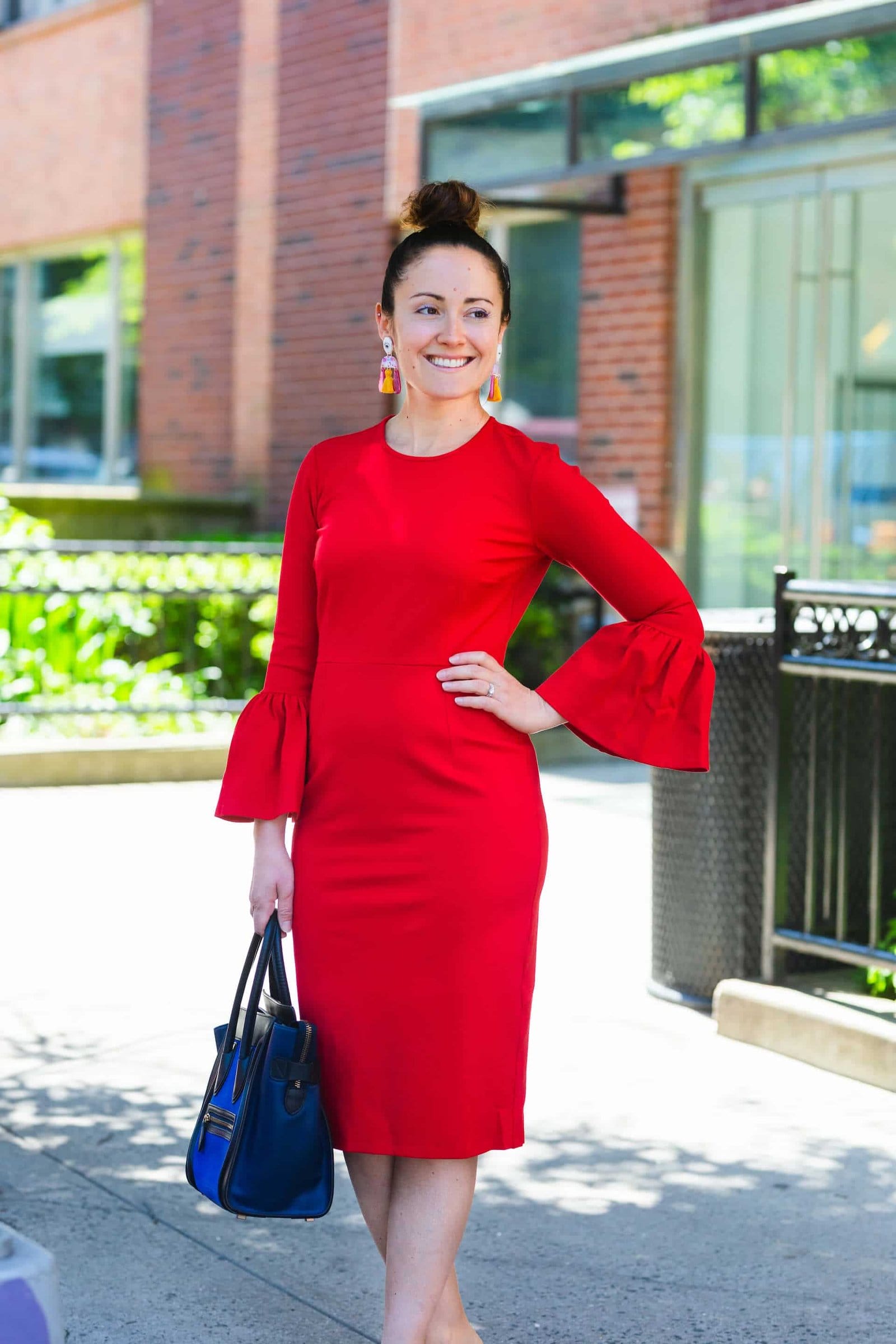 Rachel Parcell Red Sheath Kingston Earrings Jimmy Choo Shoes Look by Modnitsa Styling