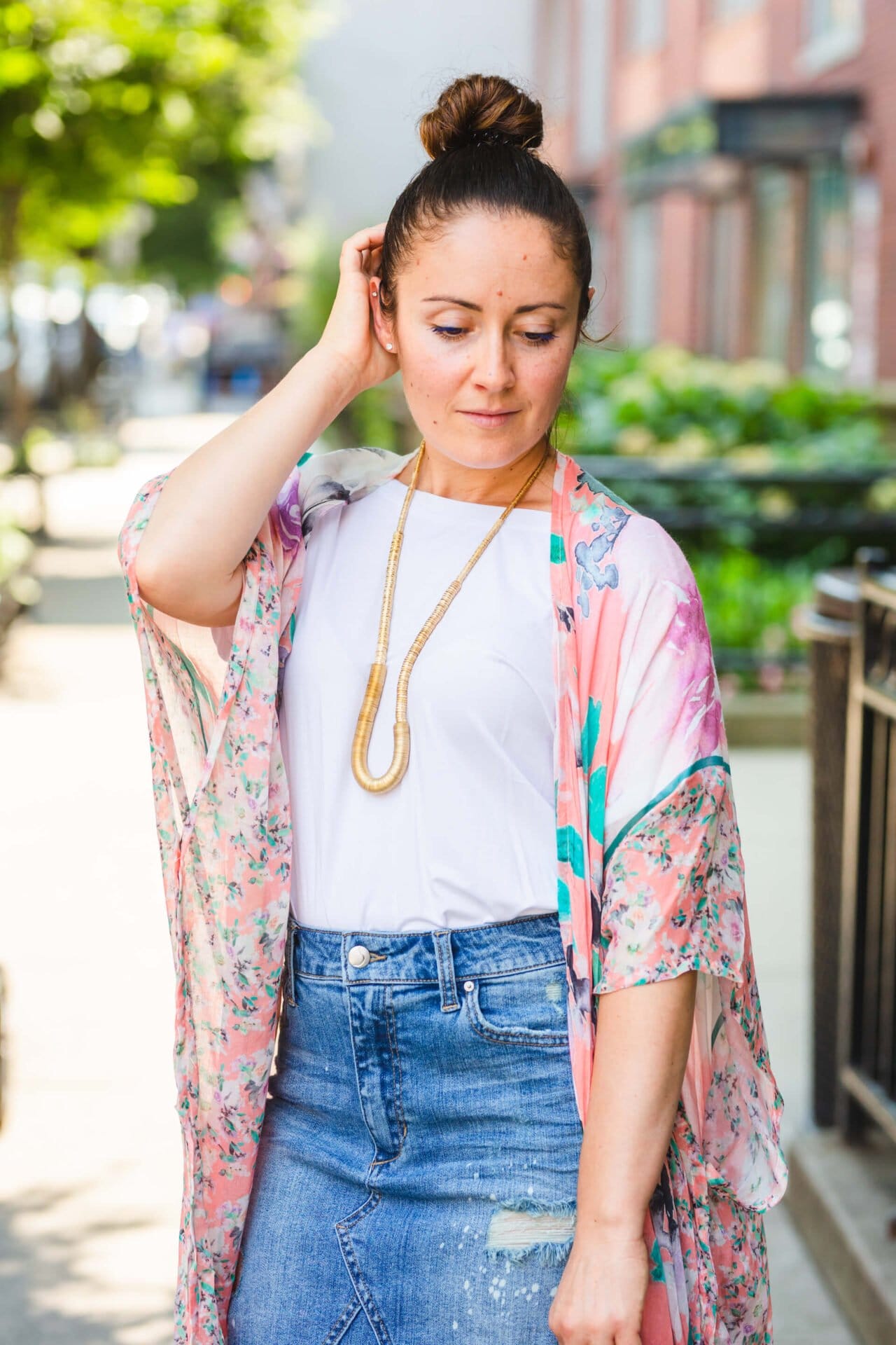 Joe's Jeans Denim Skirt Anthro Kimono Chloe Shoes Look by Modnitsa Styling