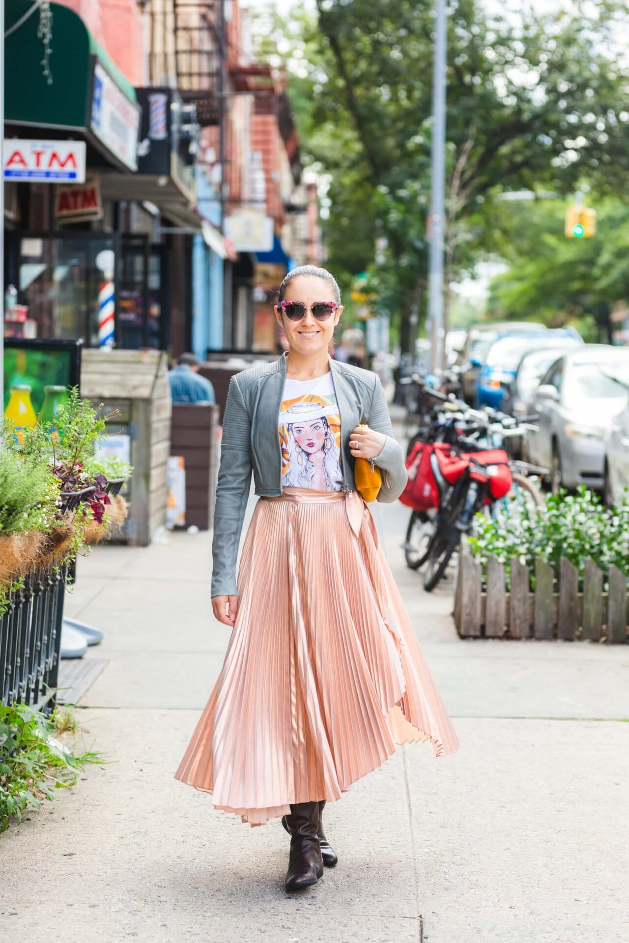 ALC Pleated Skirt Rebecca Taylor Leather Jacket Look by Modnitsa Styling