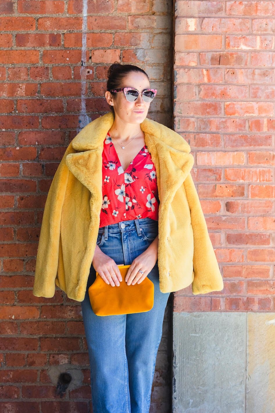 Rebecca Taylor Blouse Yellow Faux Fur Coat Rag & Bone Jeans Look by Modnitsa Styling