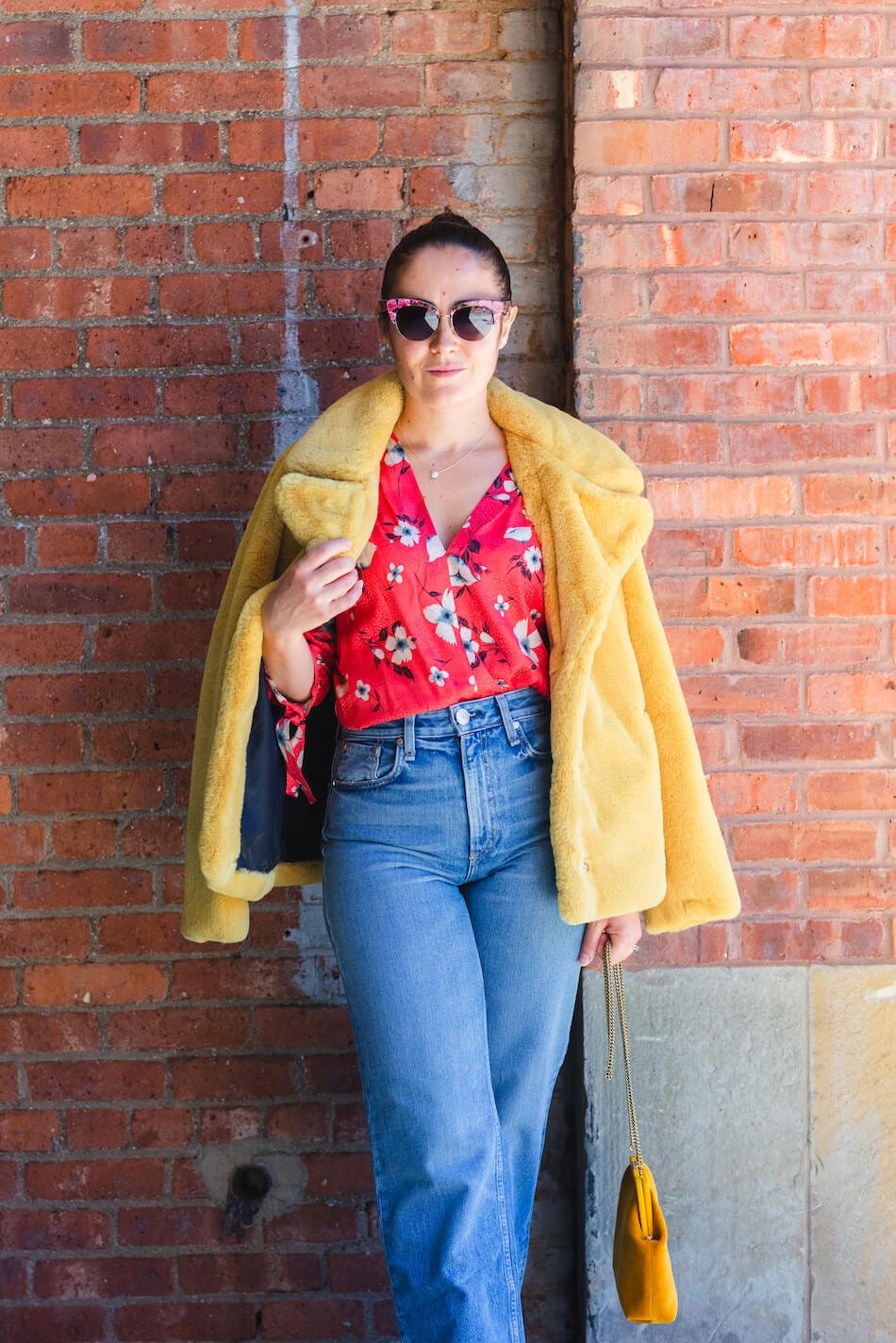 Rebecca Taylor Blouse Yellow Faux Fur Coat Rag & Bone Jeans Look by Modnitsa Styling