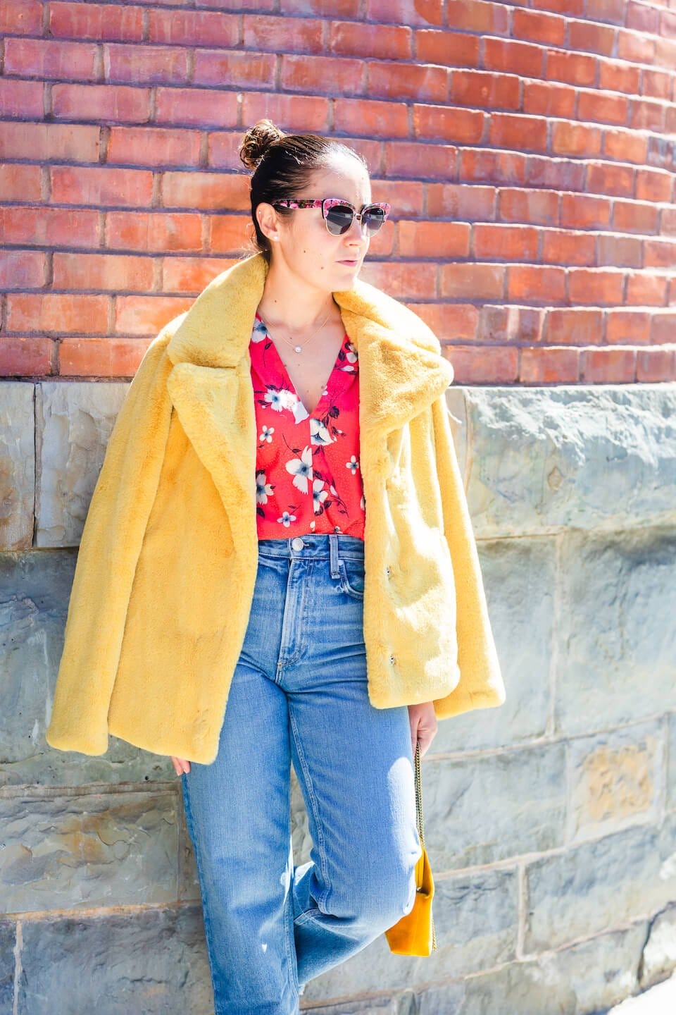 Rebecca Taylor Blouse Yellow Faux Fur Coat Rag & Bone Jeans Look by Modnitsa Styling