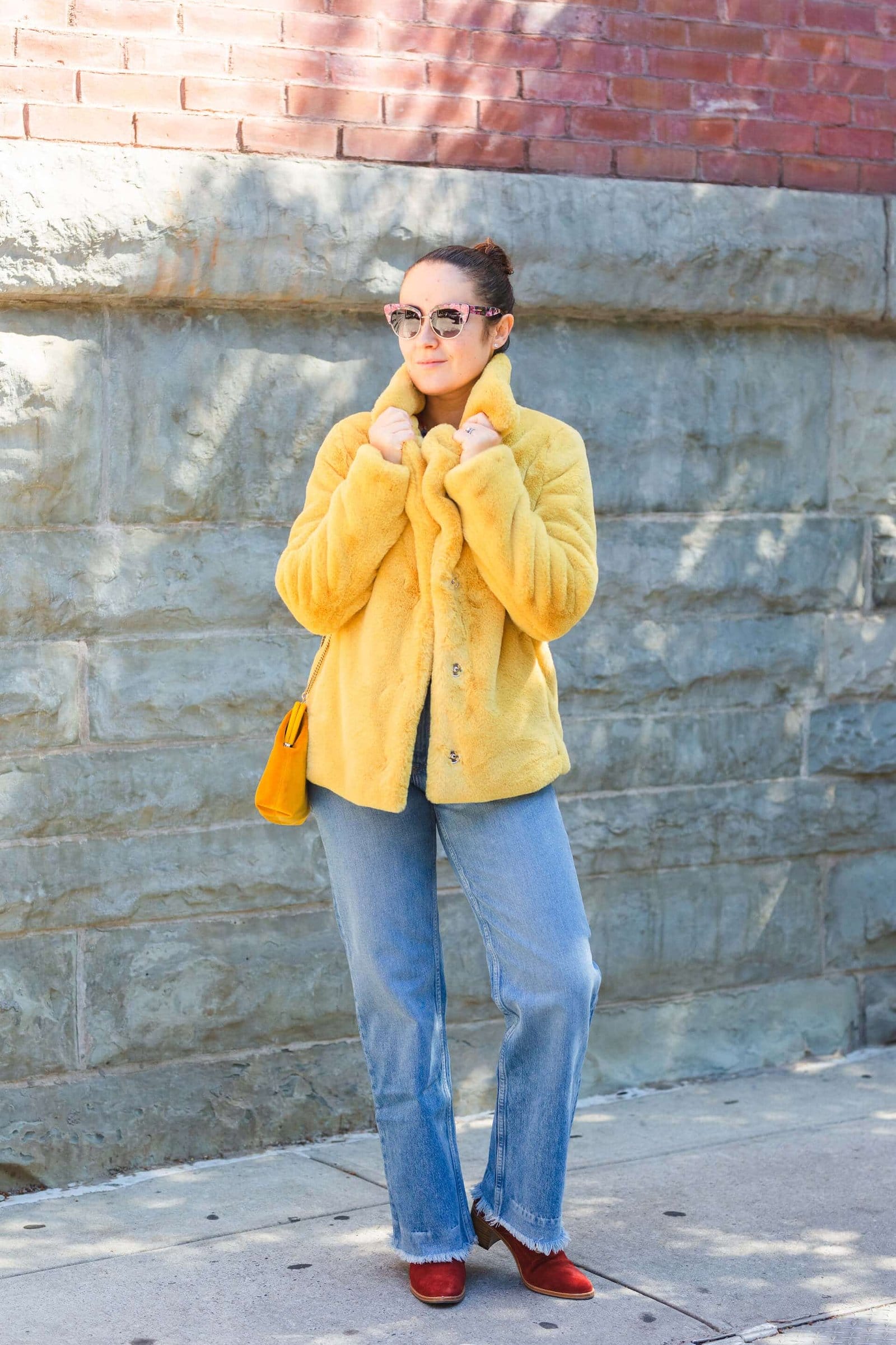 Rebecca Taylor Blouse Yellow Faux Fur Coat Rag & Bone Jeans Look by Modnitsa Styling