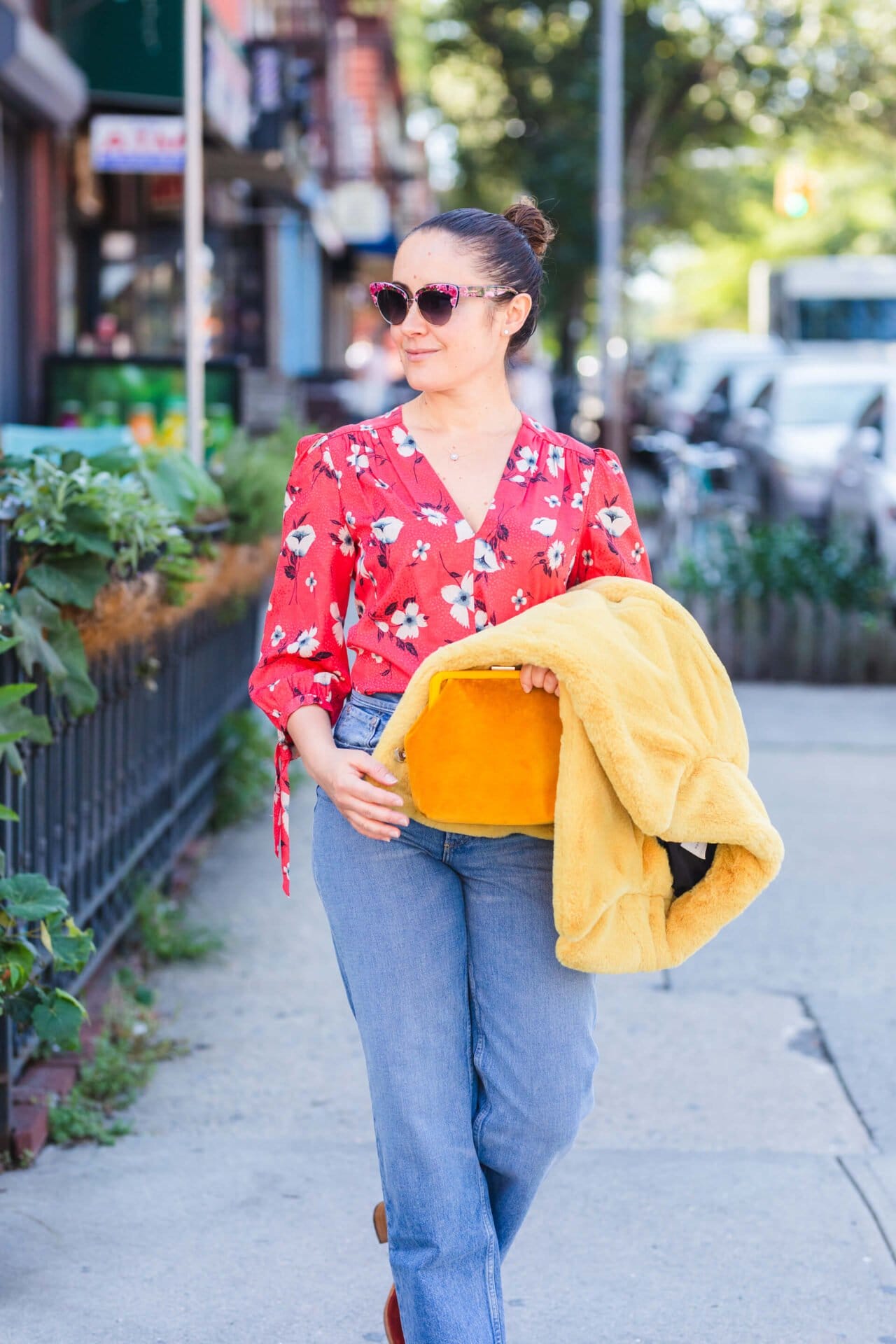 Rebecca Taylor Blouse Yellow Faux Fur Coat Rag & Bone Jeans Look by Modnitsa Styling