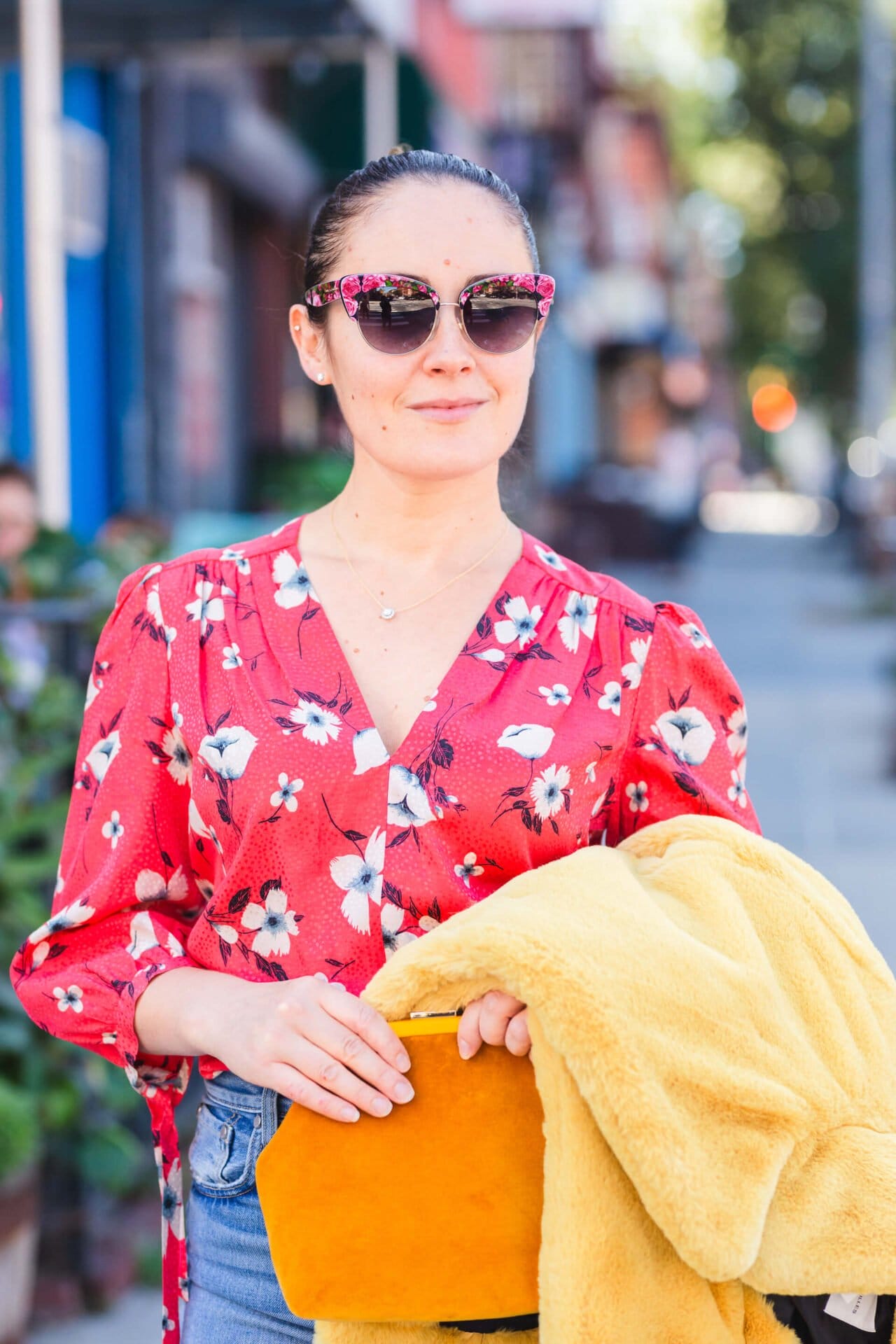 Rebecca Taylor Blouse Yellow Faux Fur Coat Rag & Bone Jeans Look by Modnitsa Styling