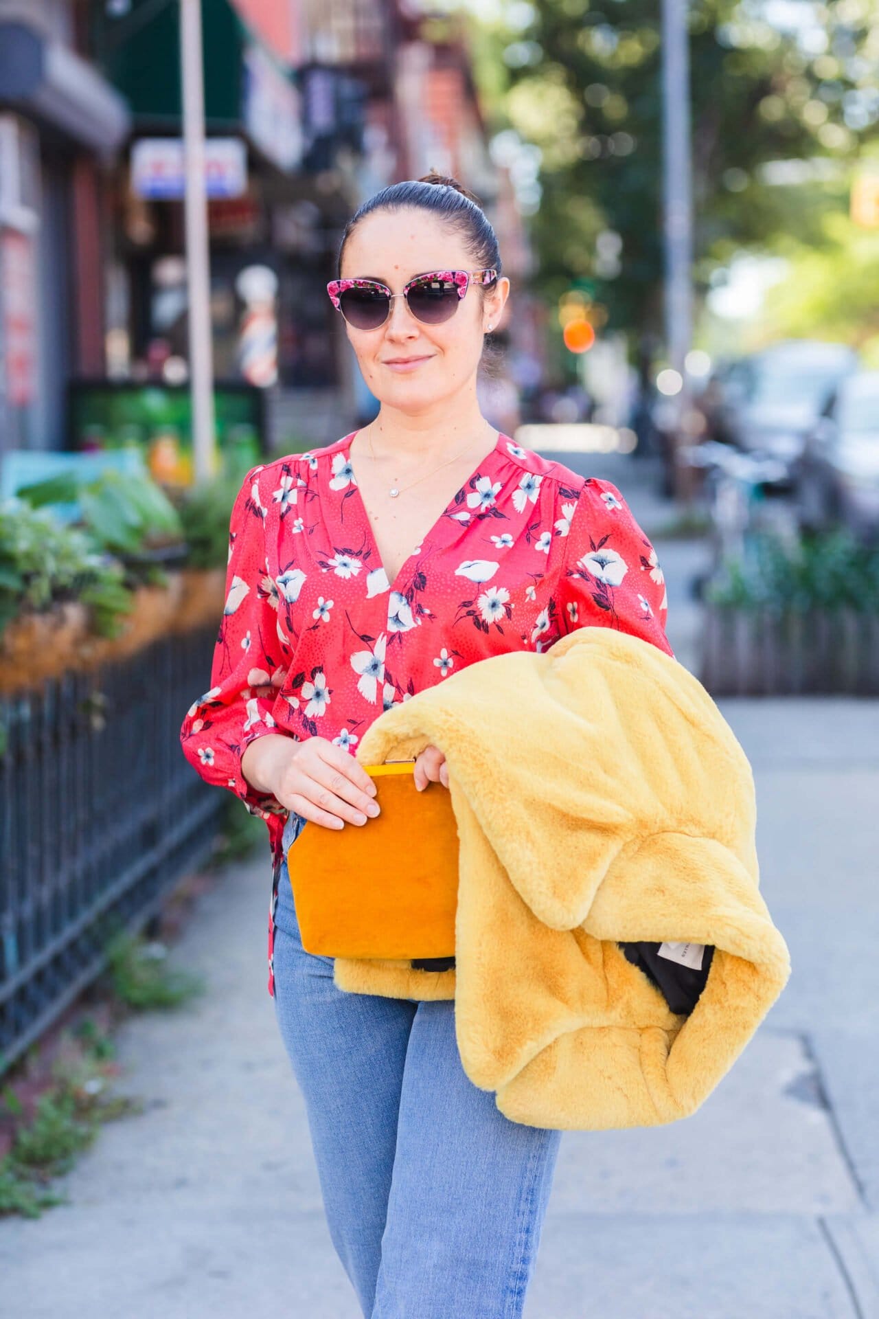 Rebecca Taylor Blouse Yellow Faux Fur Coat Rag & Bone Jeans Look by Modnitsa Styling