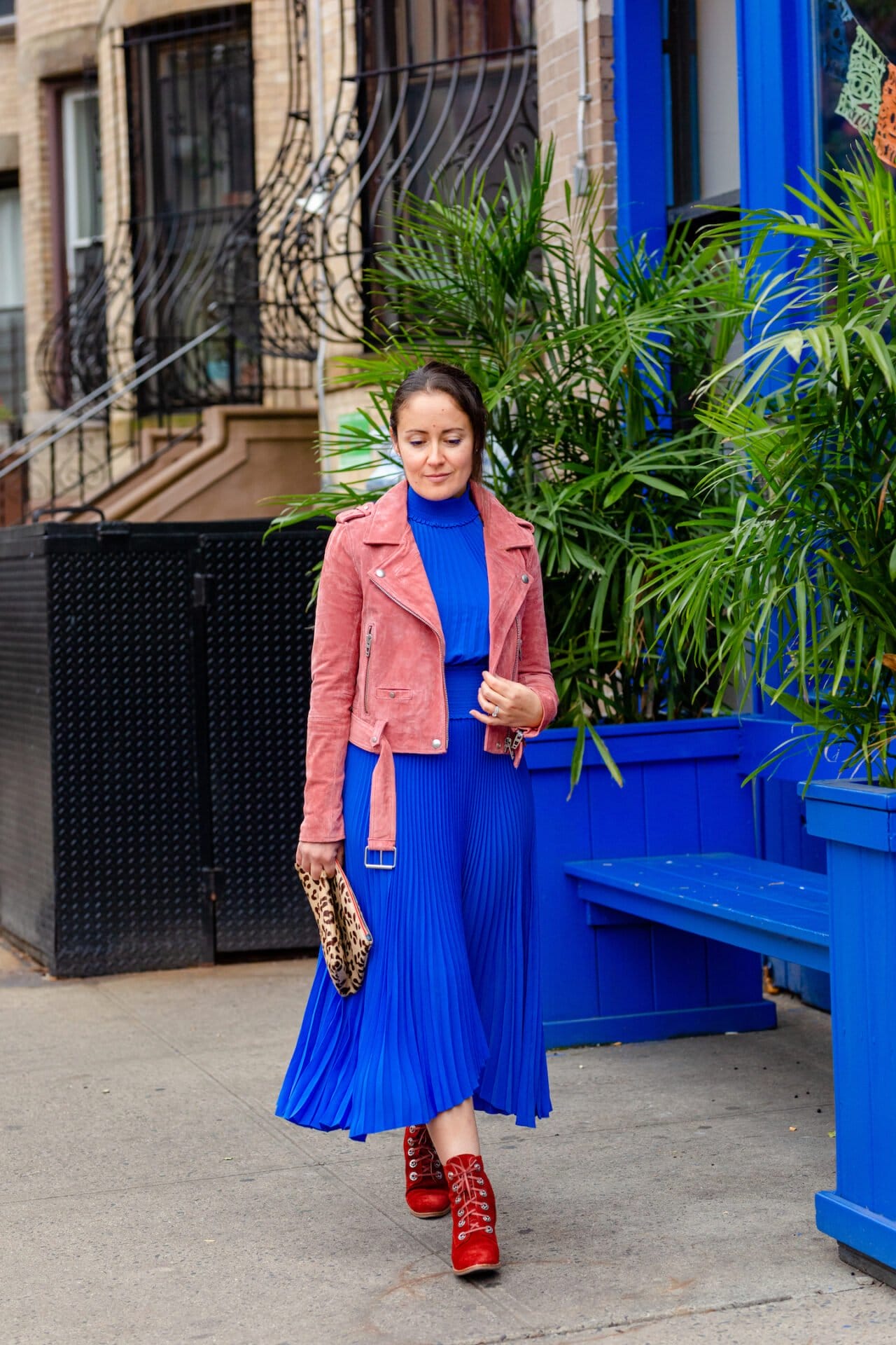 ALC Blue Dress with Suede Moto Look by Modnitsa Styling