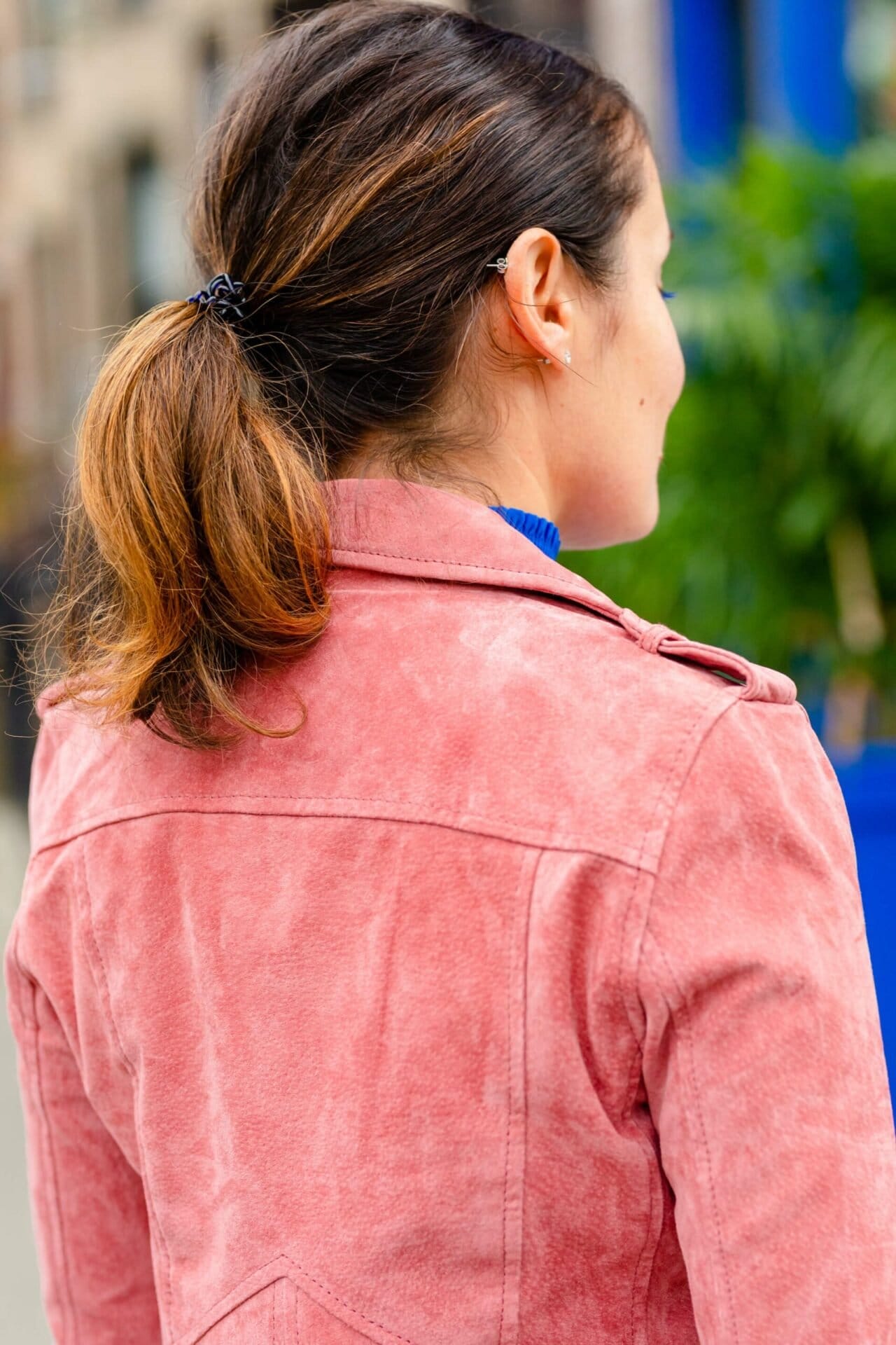 ALC Blue Dress with Suede Moto Look by Modnitsa Styling