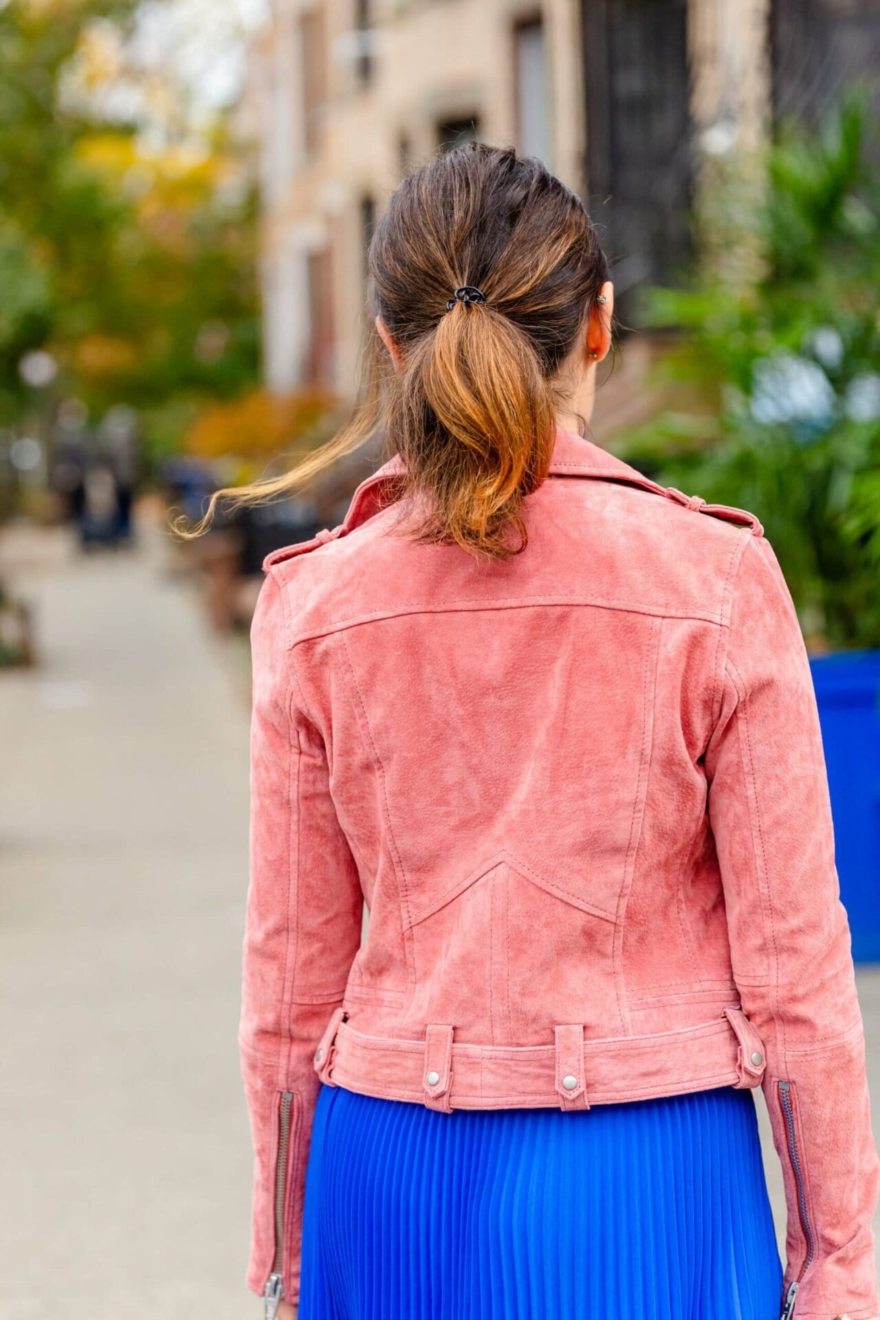 ALC Blue Dress with Suede Moto Look by Modnitsa Styling