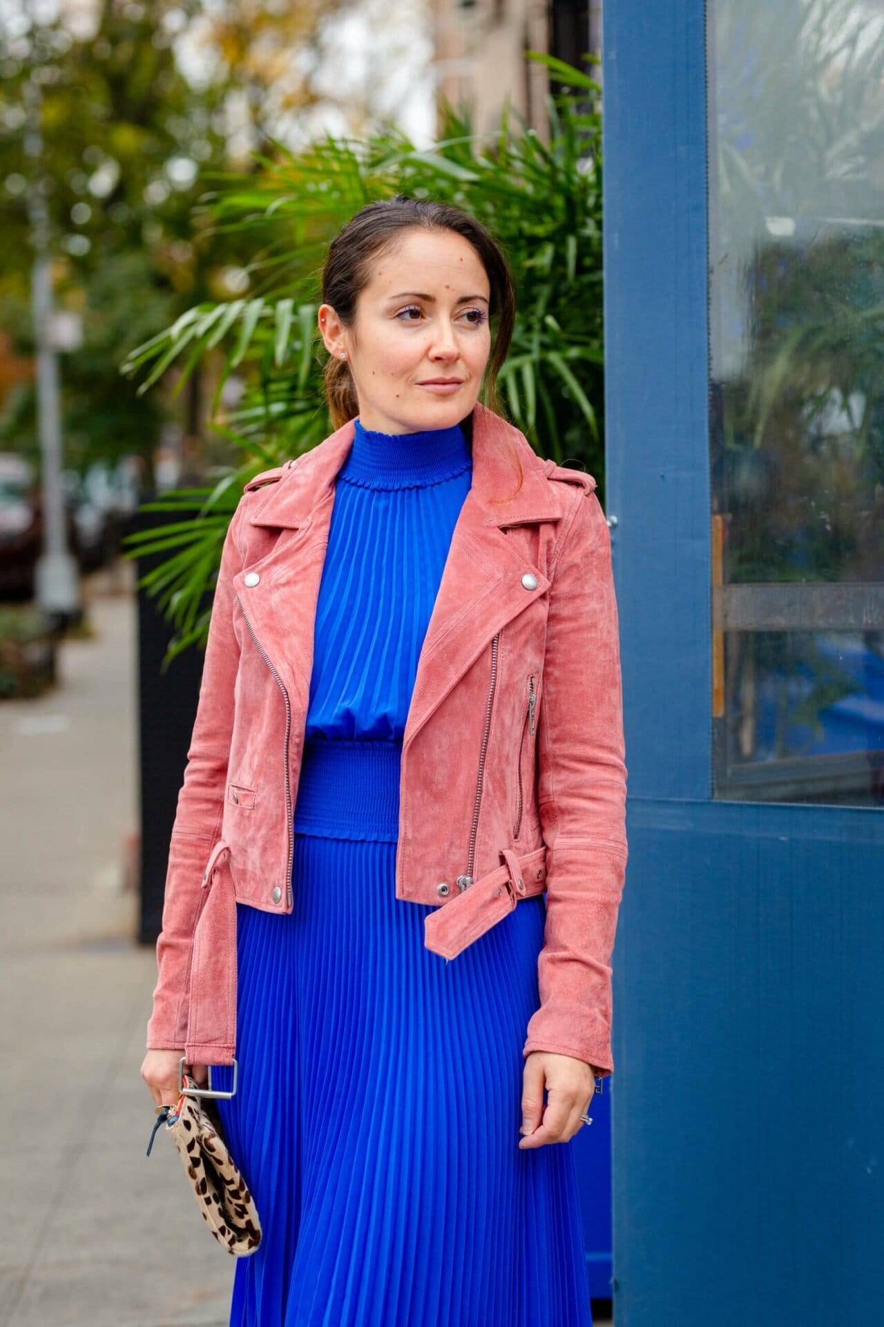 ALC Blue Dress with Suede Moto Look by Modnitsa Styling