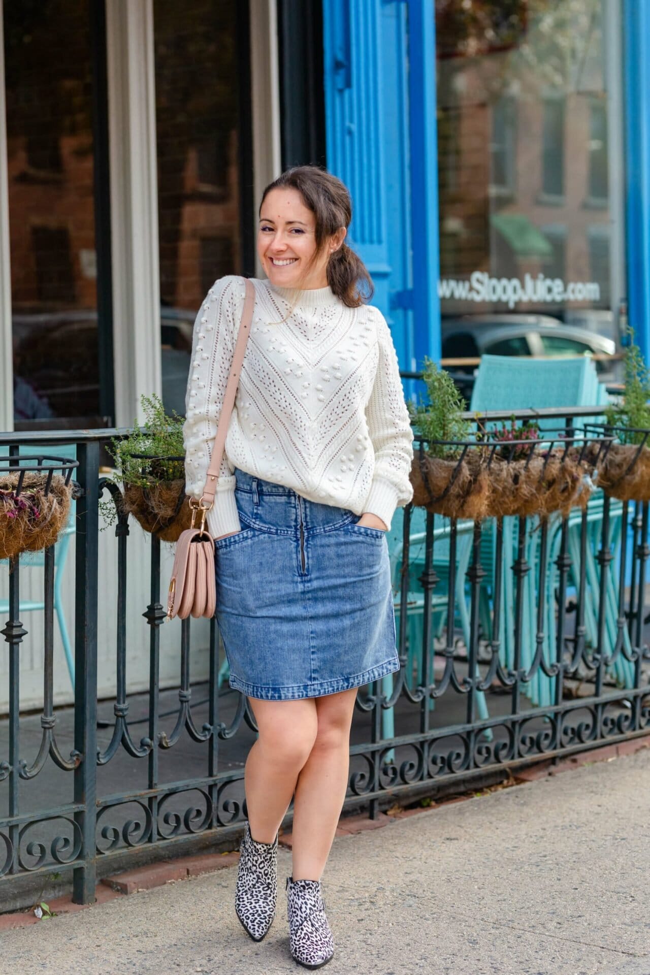 Sezane Sweater La Vie Denim Skirt Marc Fisher Booties Look by Modnitsa Styling