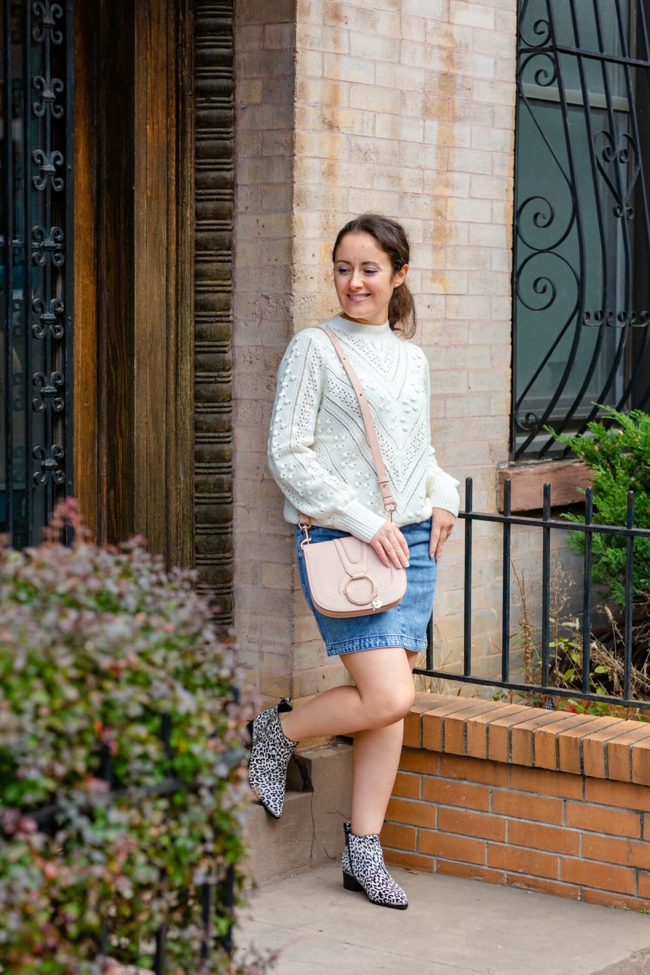 Sezane Sweater La Vie Denim Skirt Marc Fisher Booties Look by Modnitsa Styling