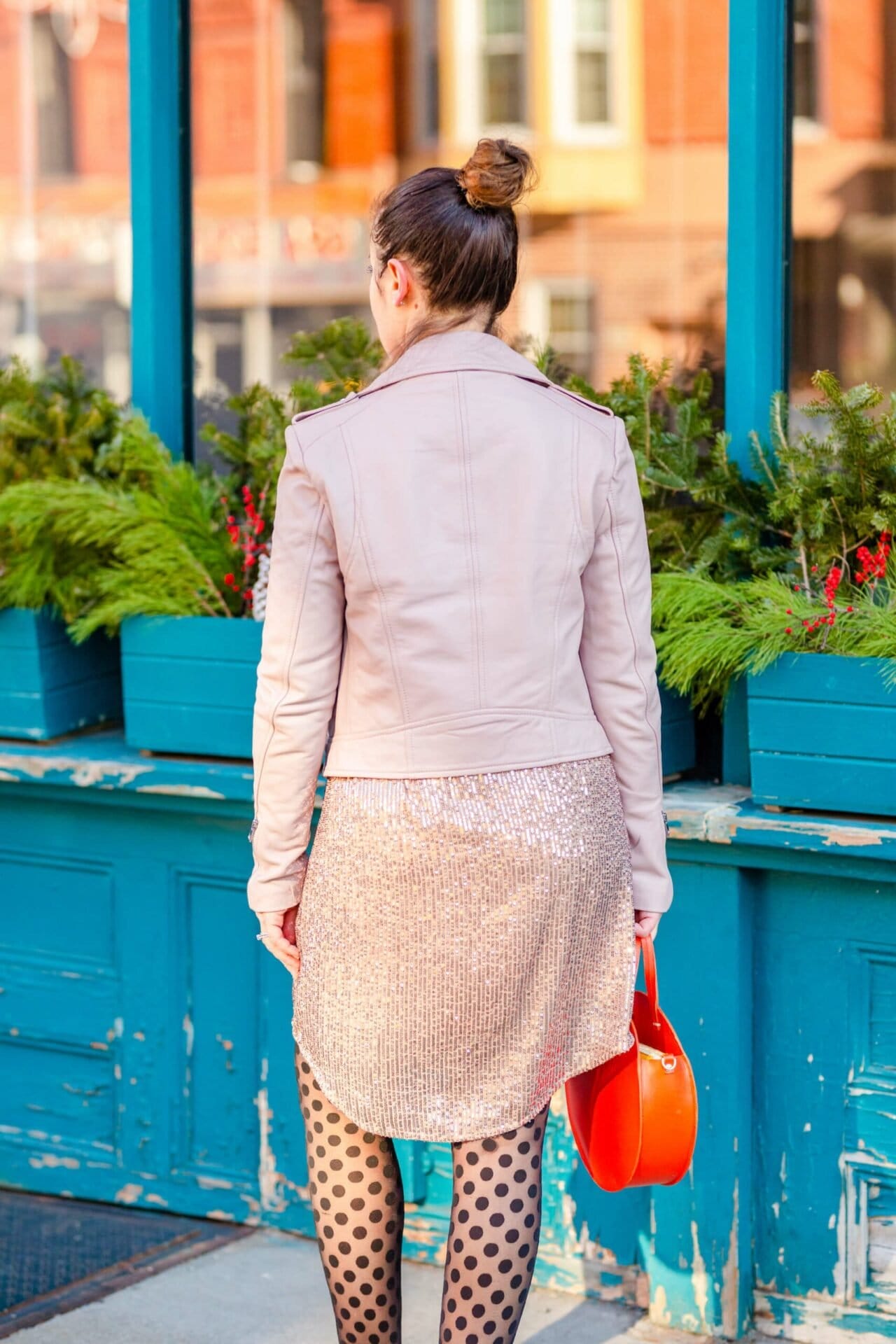 Anthro Sparkly Dress Lamarque Leather Jacket Mark Fisher Booties NYE Look by Modnitsa Styling