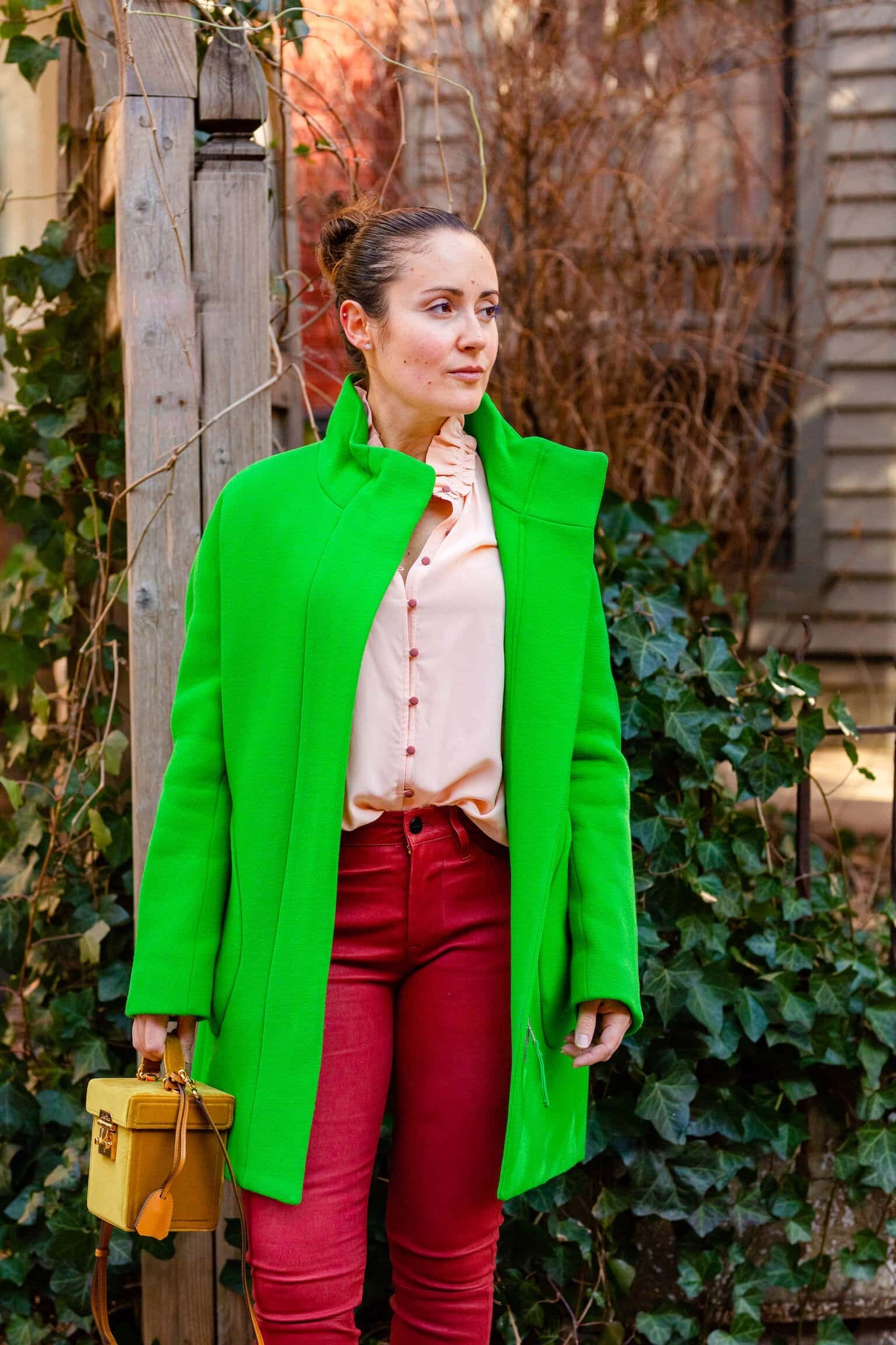 JCrew Coat Frame Leather Pants Sezane Blouse Mark Cross Bag Look by Modnitsa Styling