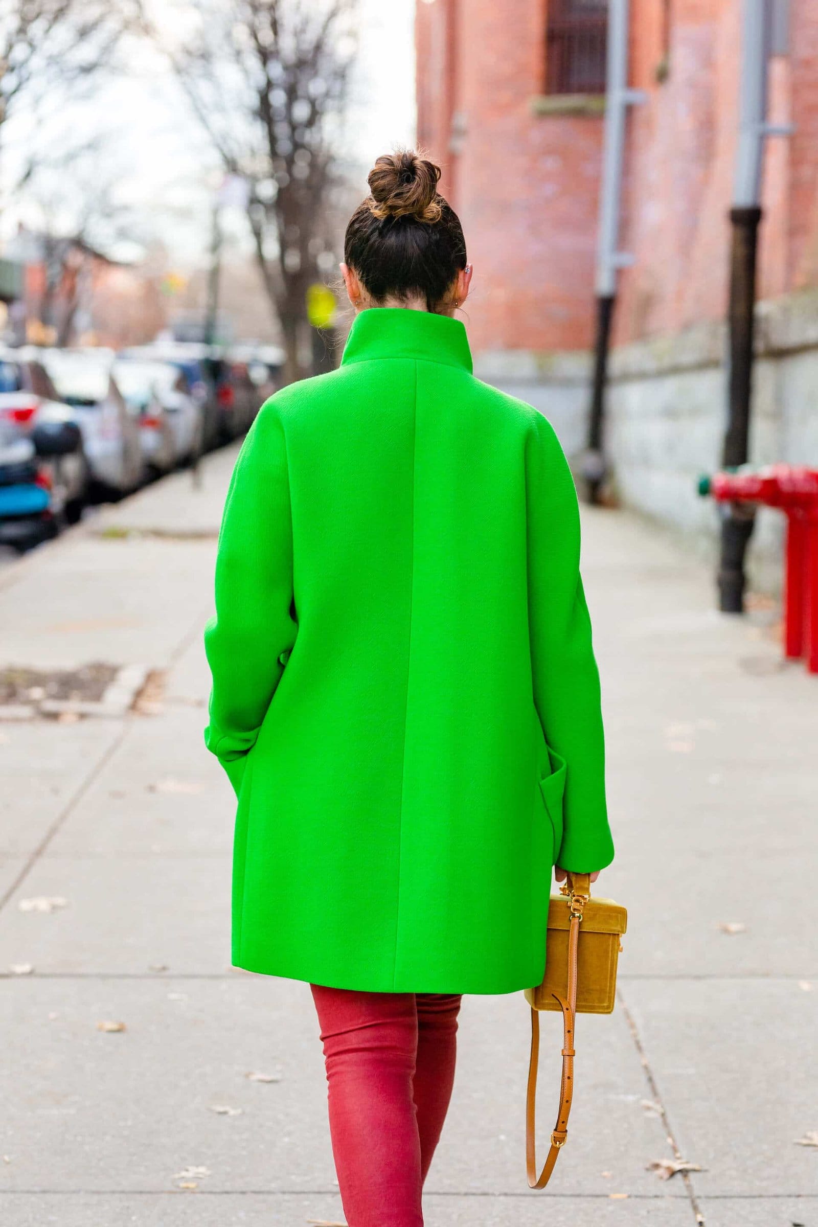 JCrew Coat Frame Leather Pants Sezane Blouse Mark Cross Bag Look by Modnitsa Styling