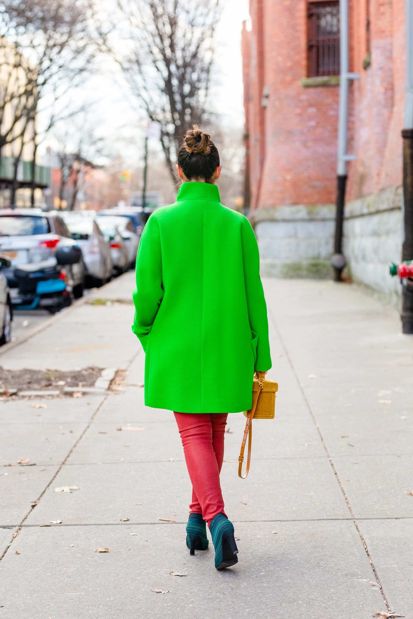 JCrew Coat Frame Leather Pants Sezane Blouse Mark Cross Bag Look by Modnitsa Styling