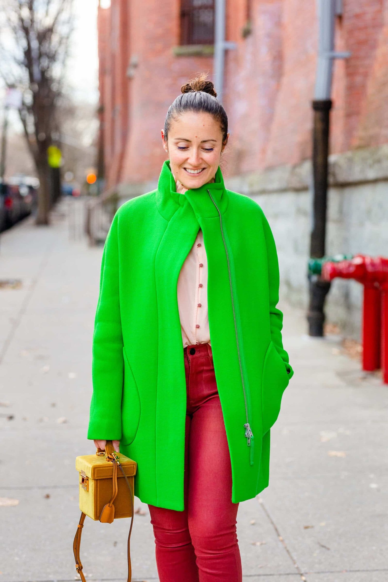 JCrew Coat Frame Leather Pants Sezane Blouse Mark Cross Bag Look by Modnitsa Styling