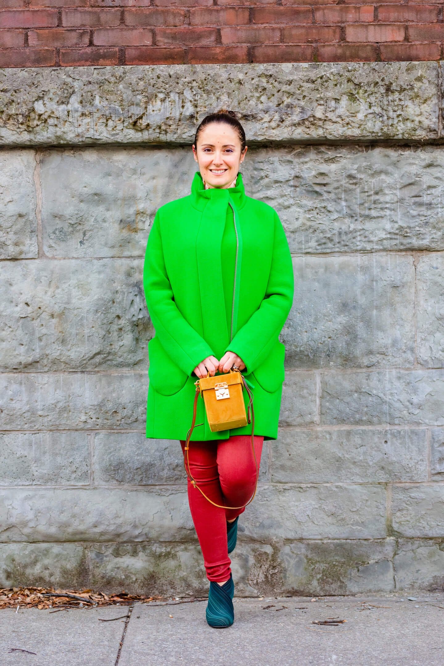 JCrew Coat Frame Leather Pants Sezane Blouse Mark Cross Bag Look by Modnitsa Styling