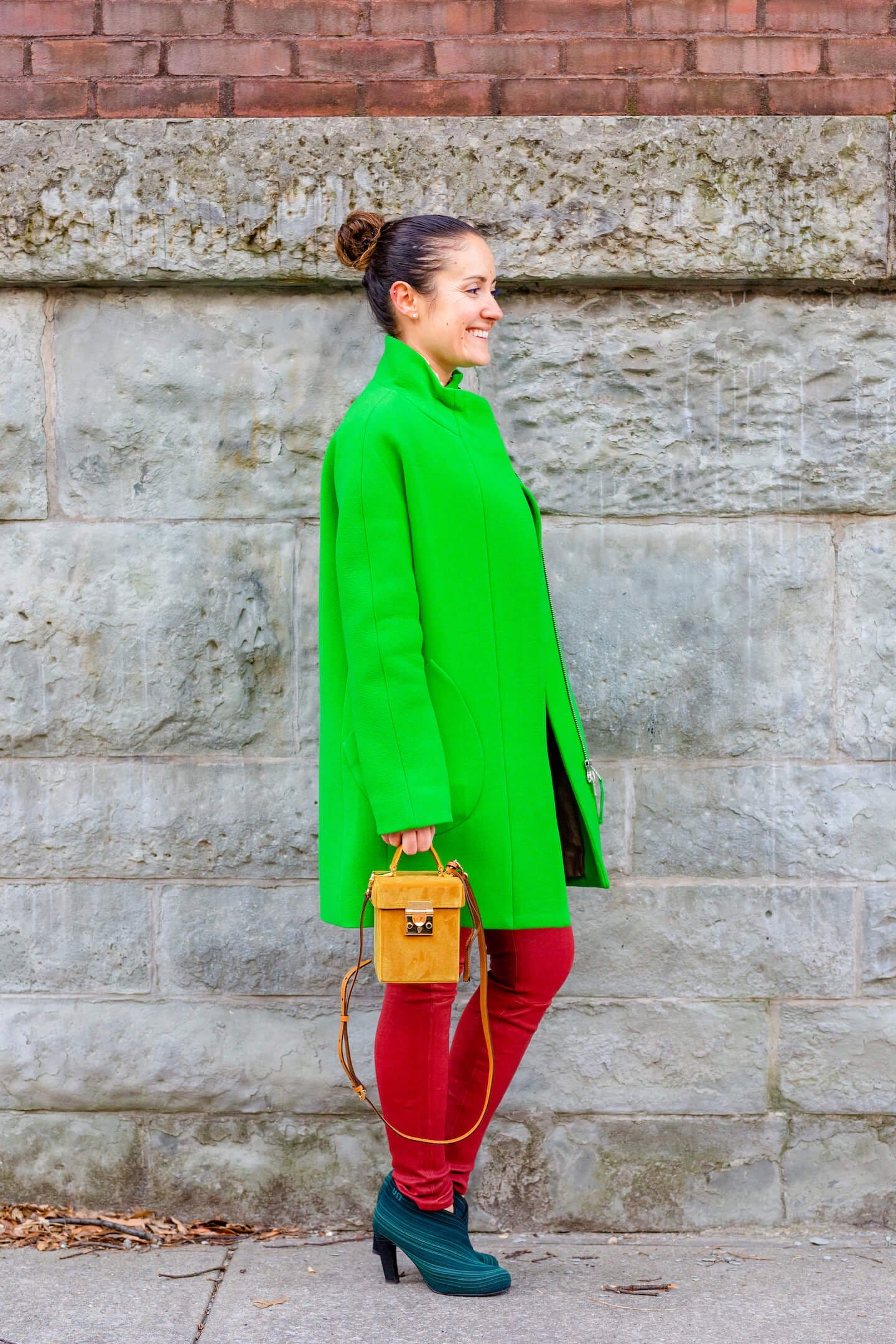 JCrew Coat Frame Leather Pants Sezane Blouse Mark Cross Bag Look by Modnitsa Styling