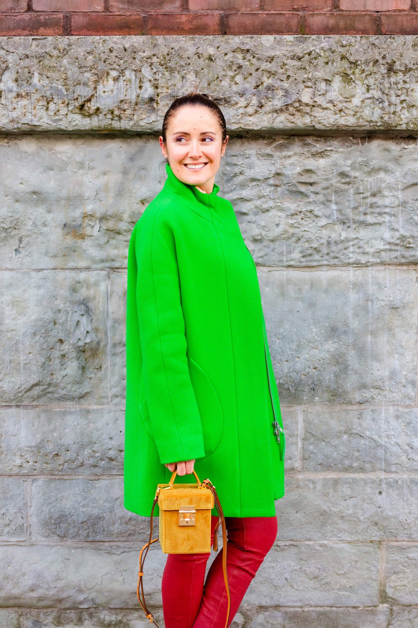 JCrew Coat Frame Leather Pants Sezane Blouse Mark Cross Bag Look by Modnitsa Styling