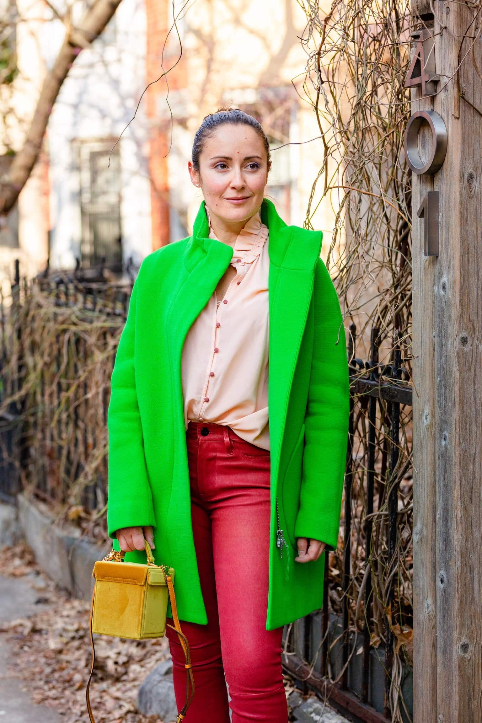 JCrew Coat Frame Leather Pants Sezane Blouse Mark Cross Bag Look by Modnitsa Styling