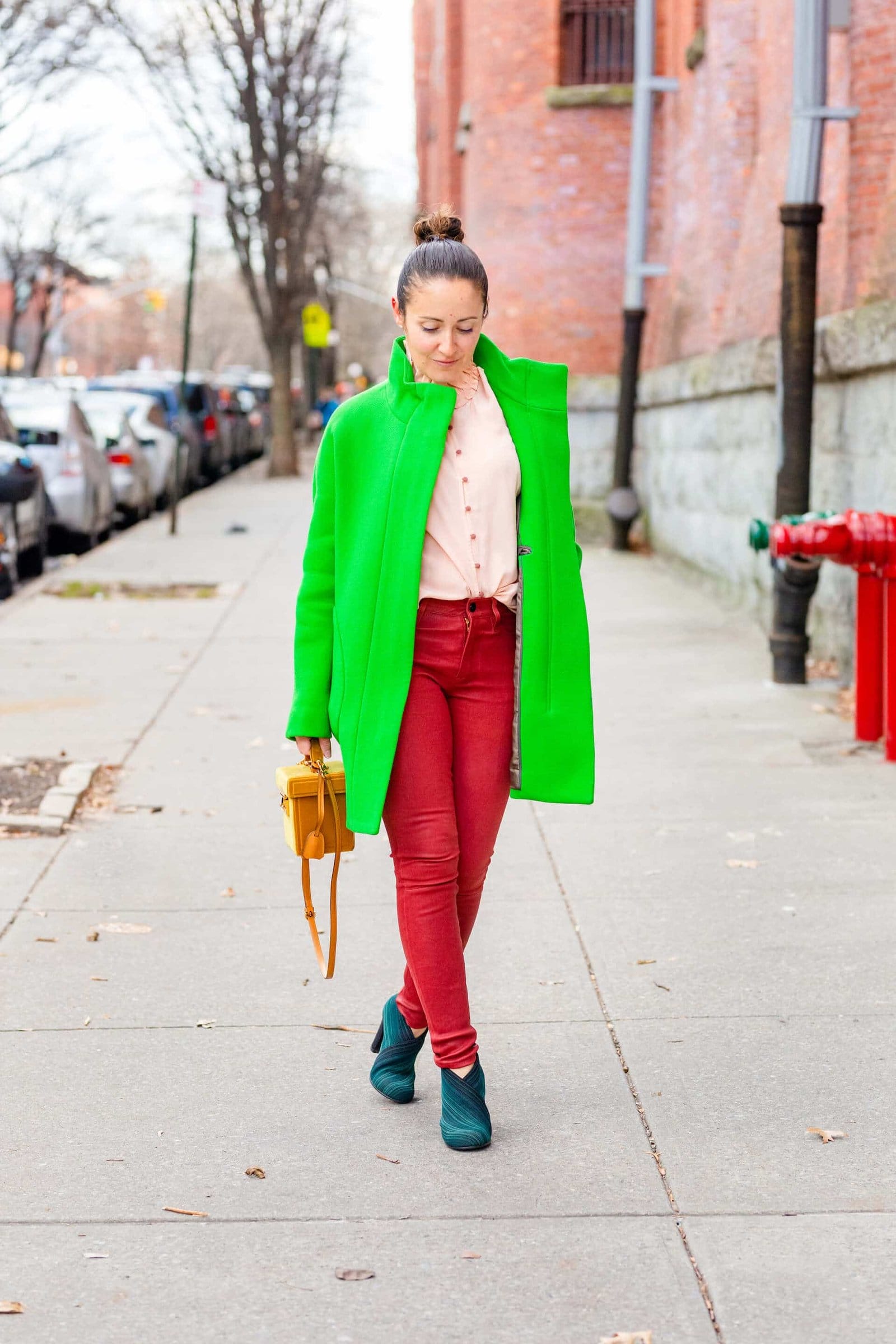 JCrew Coat Frame Leather Pants Sezane Blouse Mark Cross Bag Look by Modnitsa Styling