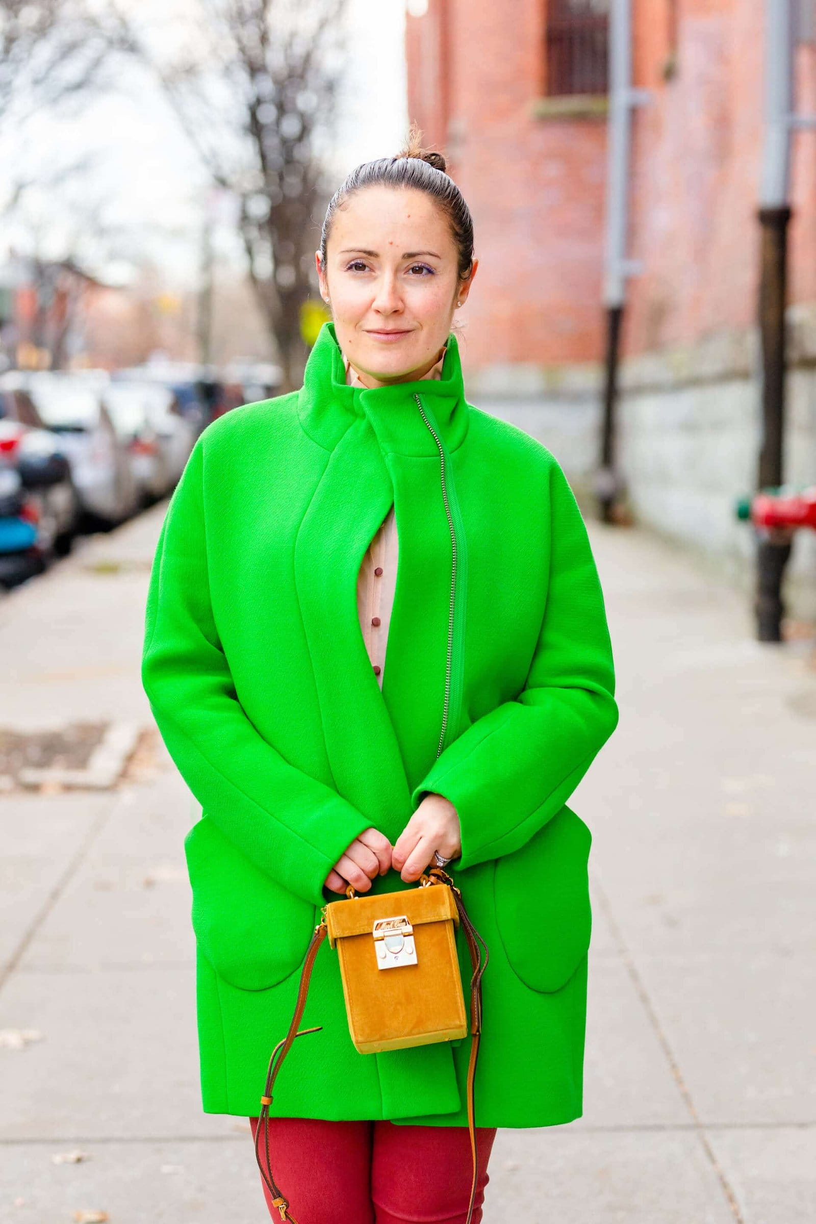 JCrew Coat Frame Leather Pants Sezane Blouse Mark Cross Bag Look by Modnitsa Styling