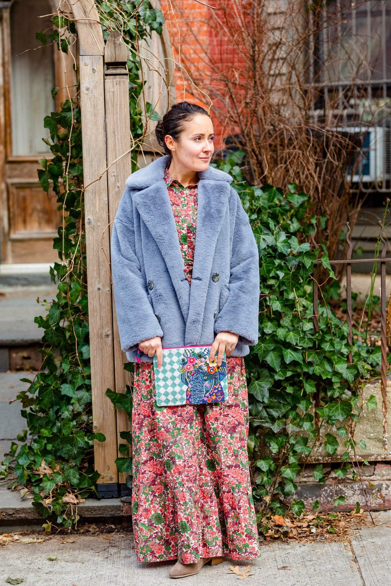 Sezane Floral Maxi Aquatalia Booties Elephant Clutch Free People Faux Fur Coat Look by Modnitsa Styling