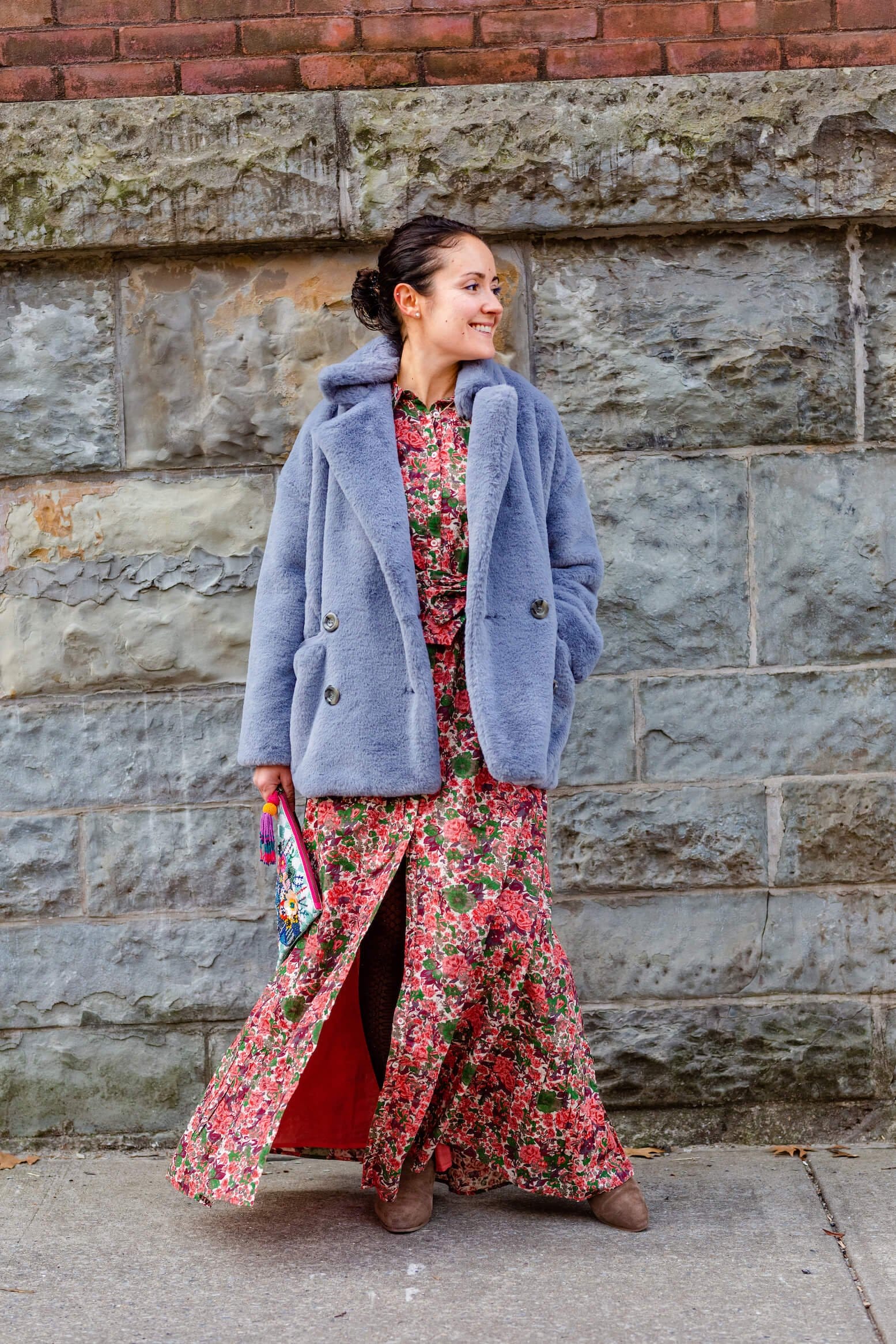 Sezane Floral Maxi Aquatalia Booties Elephant Clutch Free People Faux Fur Coat Look by Modnitsa Styling