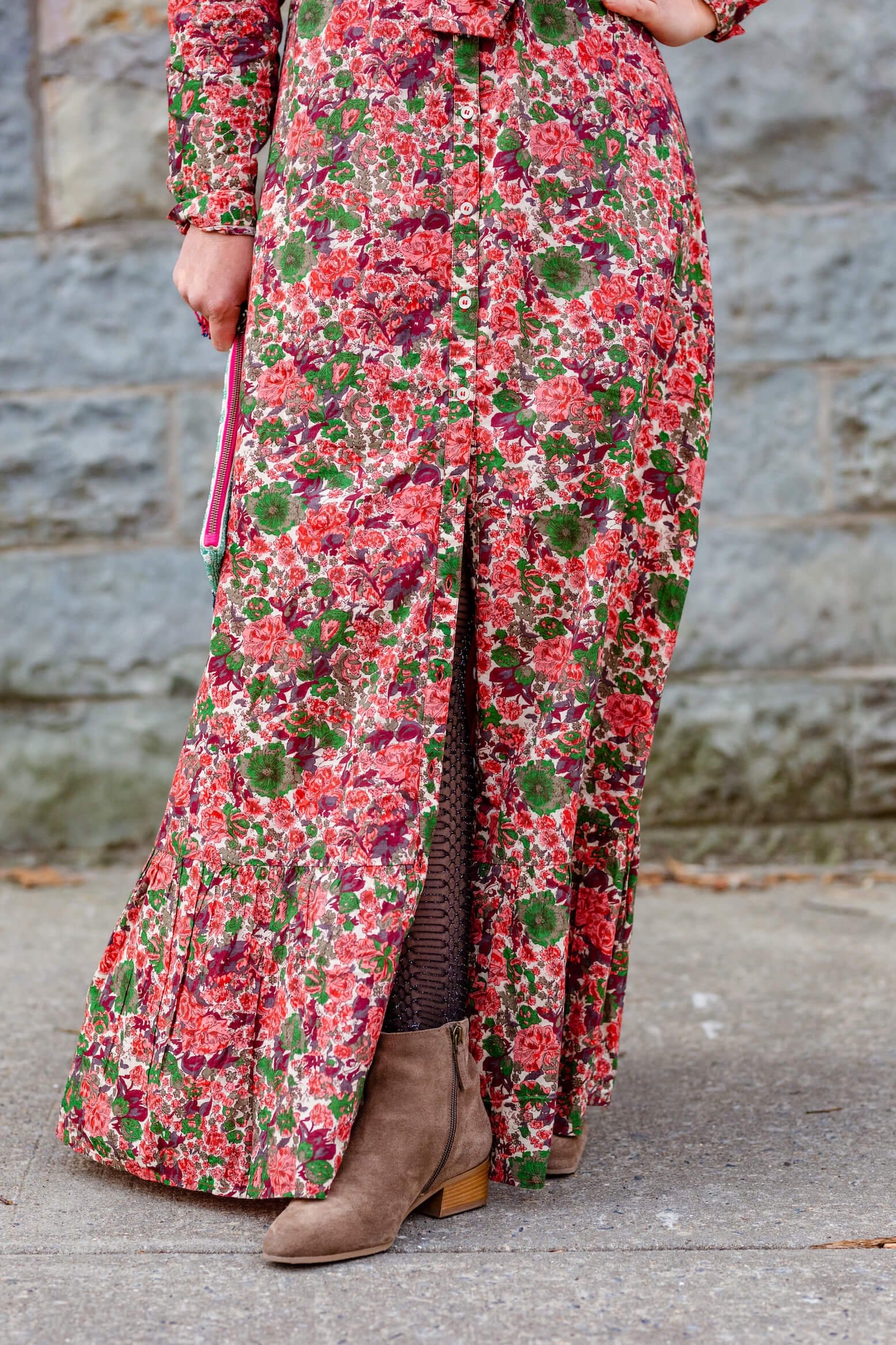 Sezane Floral Maxi Aquatalia Booties Elephant Clutch Free People Faux Fur Coat Look by Modnitsa Styling