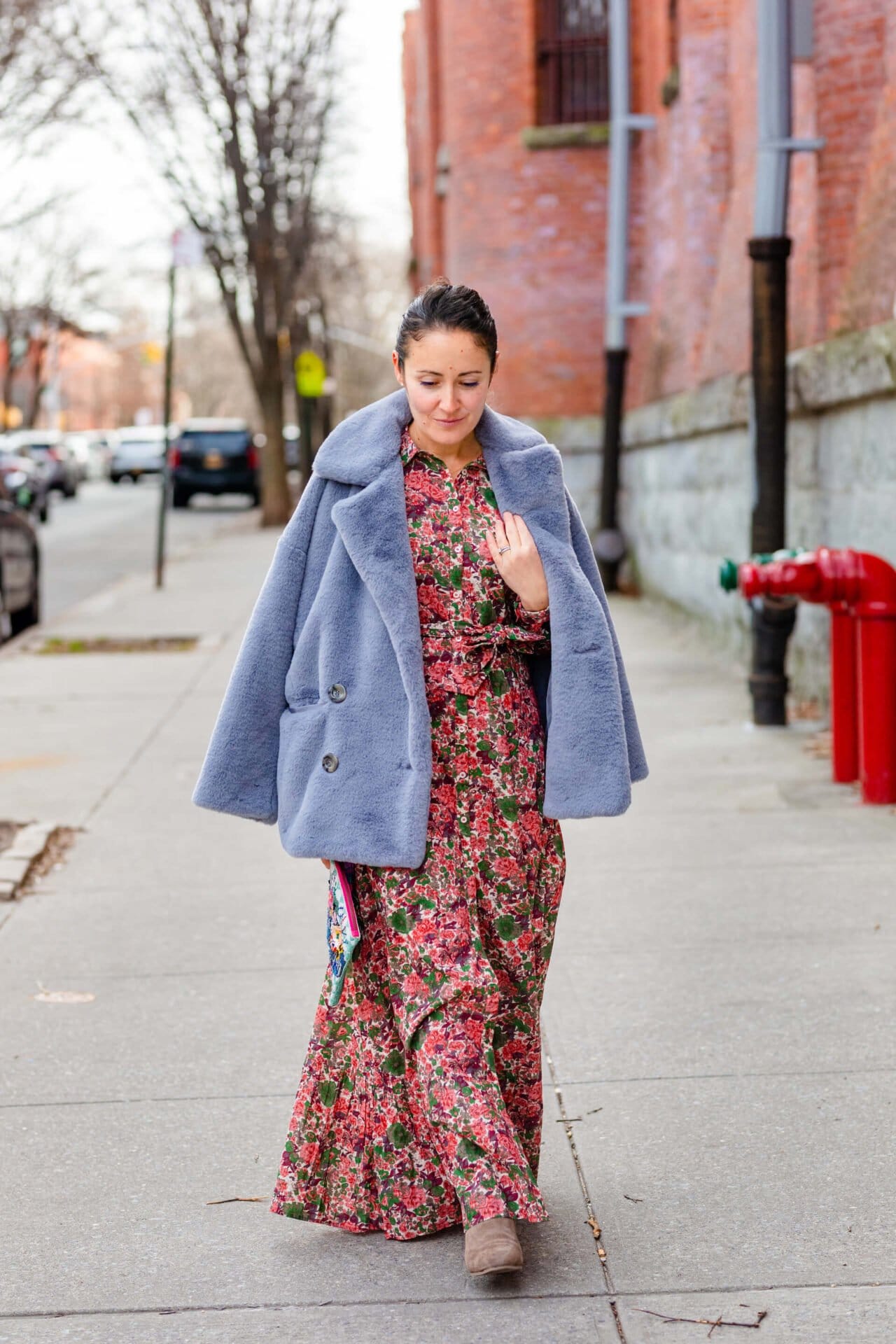 Sezane Floral Maxi Aquatalia Booties Elephant Clutch Free People Faux Fur Coat Look by Modnitsa Styling