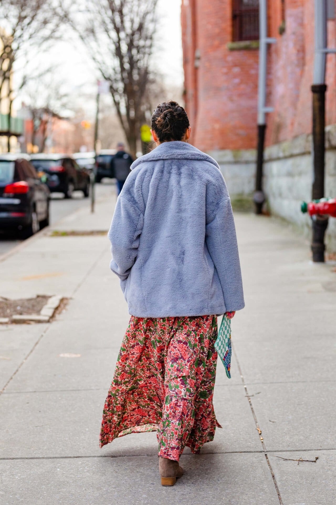 Sezane Floral Maxi Aquatalia Booties Elephant Clutch Free People Faux Fur Coat Look by Modnitsa Styling