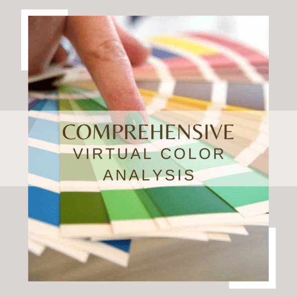 A close-up of a personal stylist touching a spread of various color swatches. The text overlay reads "Comprehensive Virtual Color Analysis." The background features a blurred array of differently colored swatches forming a fan shape.