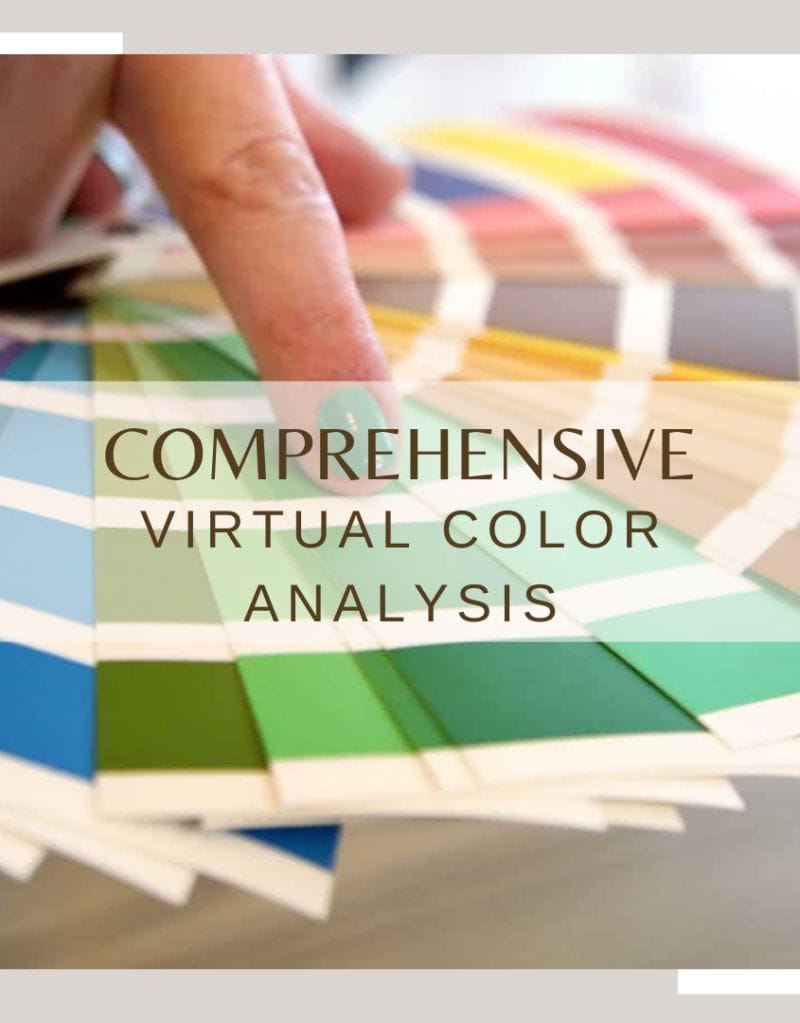 A close-up of a personal stylist touching a spread of various color swatches. The text overlay reads "Comprehensive Virtual Color Analysis." The background features a blurred array of differently colored swatches forming a fan shape.