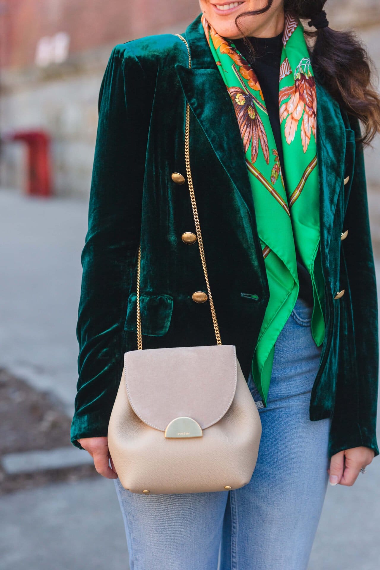 L'Agence Blazer Rachel Parcell Top Hermes Scarf ReDone Jeans Polene Bag Look by Modnitsa Styling