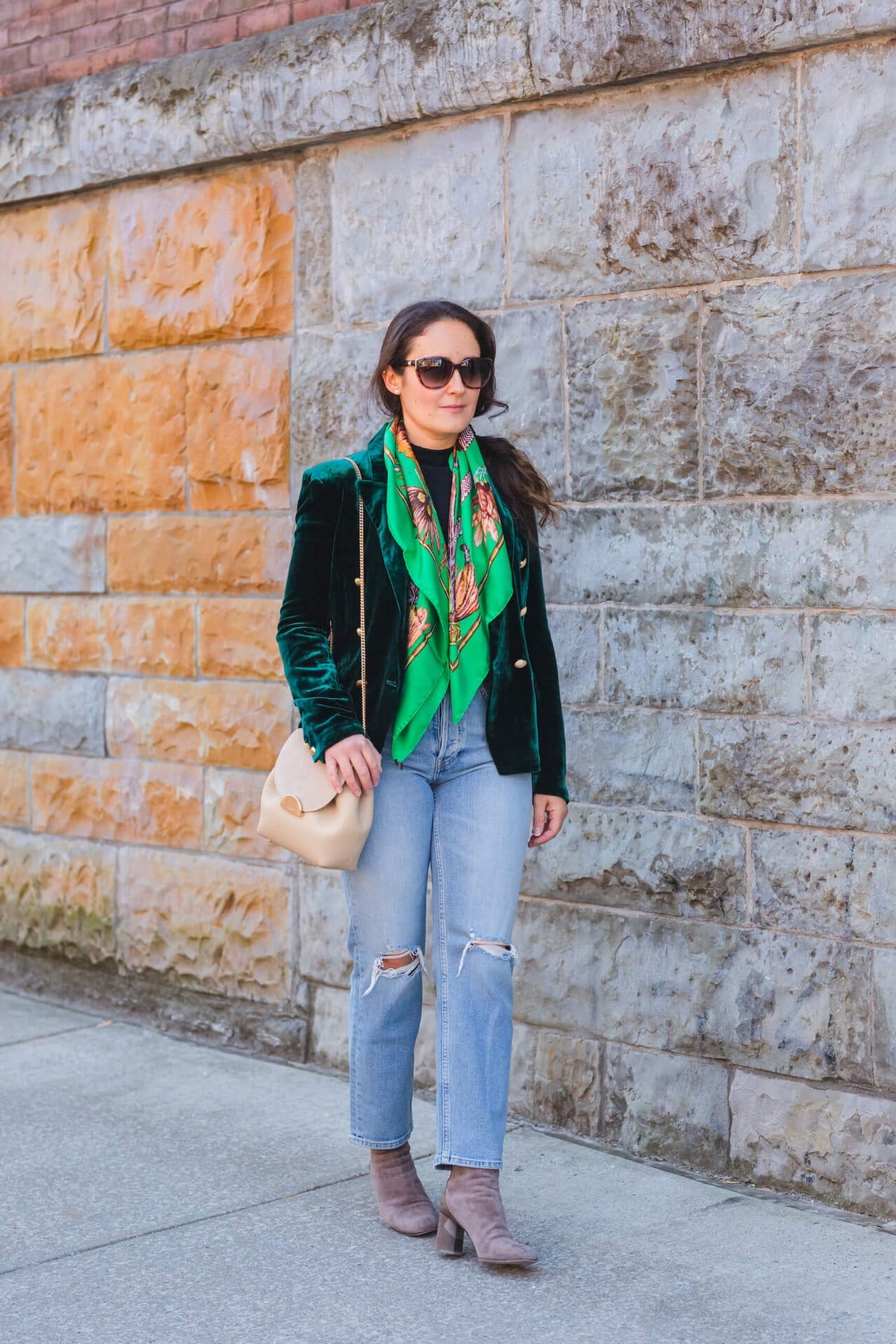 L'Agence Blazer Rachel Parcell Top Hermes Scarf ReDone Jeans Polene Bag Look by Modnitsa Styling