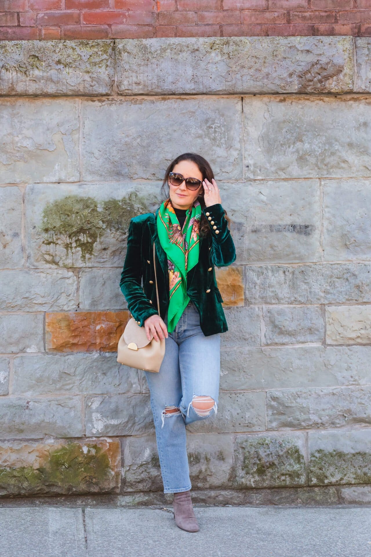 L'Agence Blazer Rachel Parcell Top Hermes Scarf ReDone Jeans Polene Bag Look by Modnitsa Styling