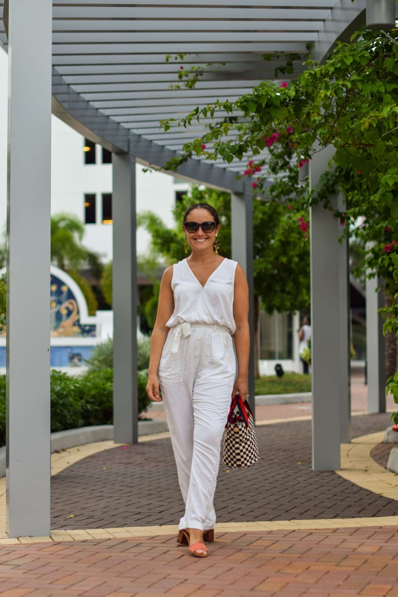 Splendid Jumpsuit Vionic Shoes Tory Burch Earrings Clare V Bag Outfit by Modnitsa Styling