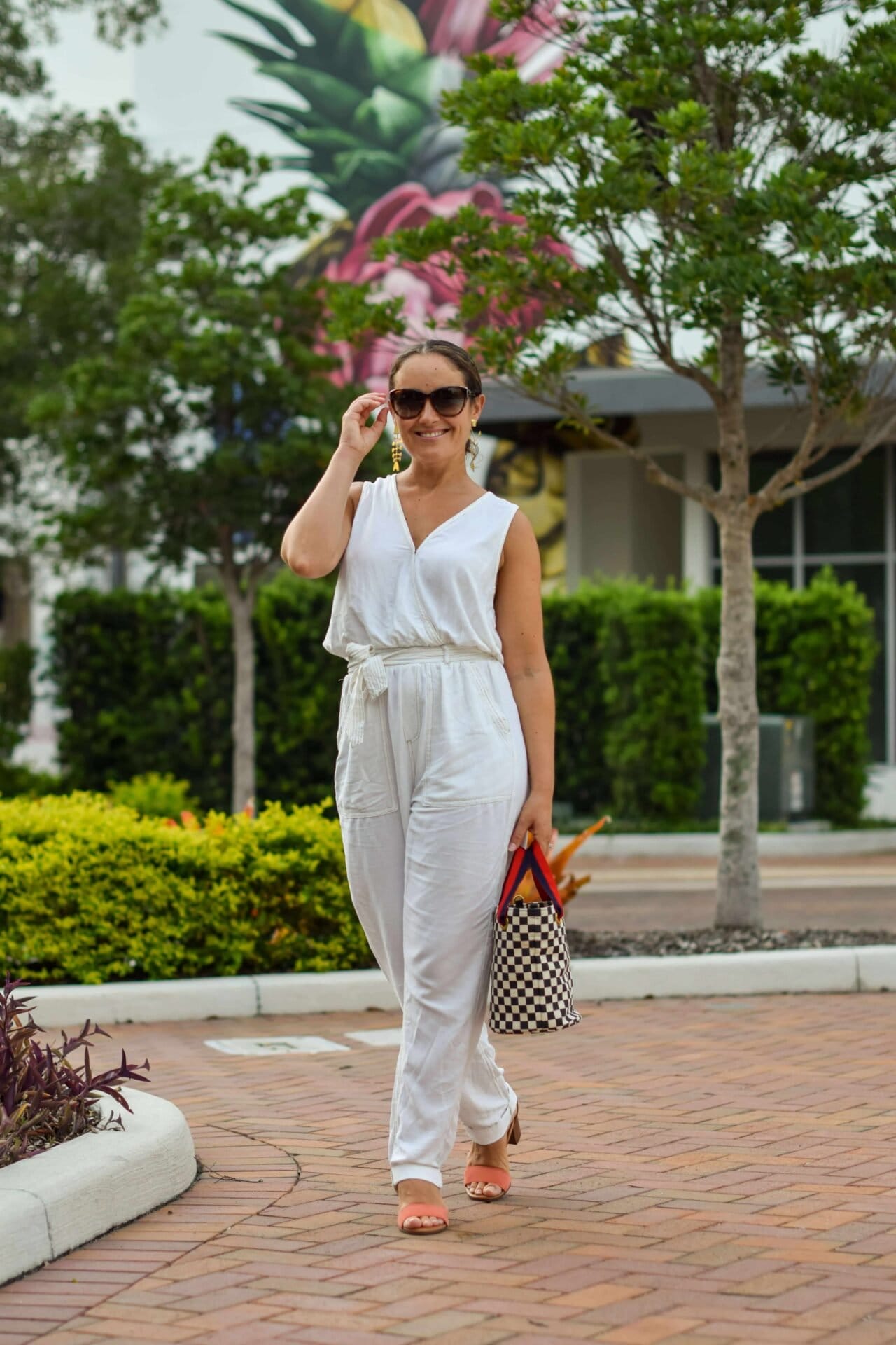 Splendid Jumpsuit Vionic Shoes Tory Burch Earrings Clare V Bag Outfit by Modnitsa Styling