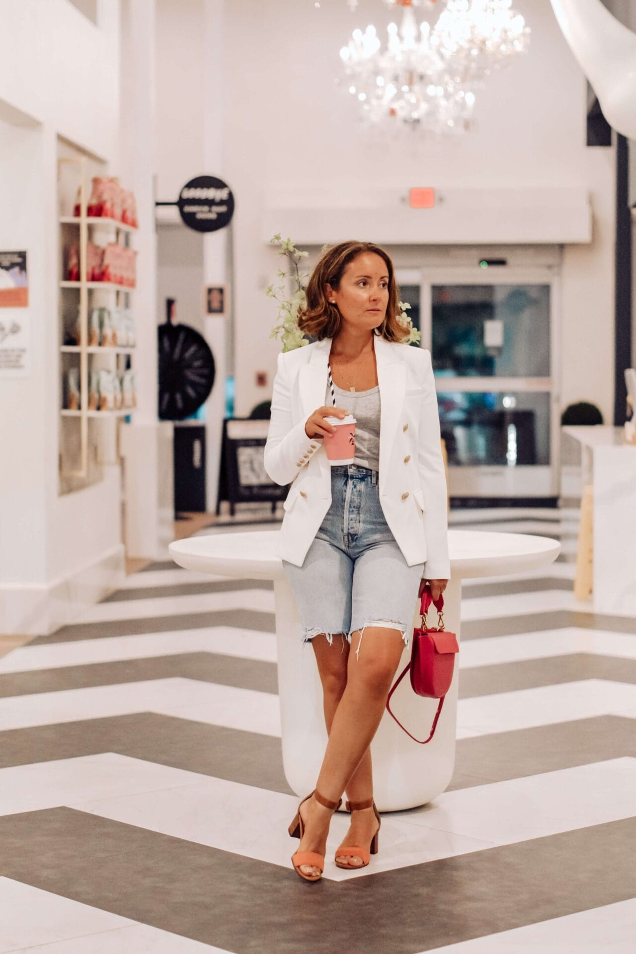 AGolde Jean Shorts L'Agence White Blazer Rag & Bone Tee Wandler Bag Outfit by Modnitsa Styling