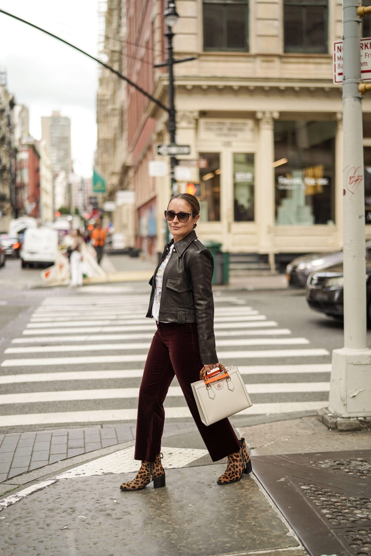 Saint Laurent Pants Phillip Lim Booties Gucci Bag Khaite Leather Jacket ReDone Tee Outfit by Modnitsa Styling