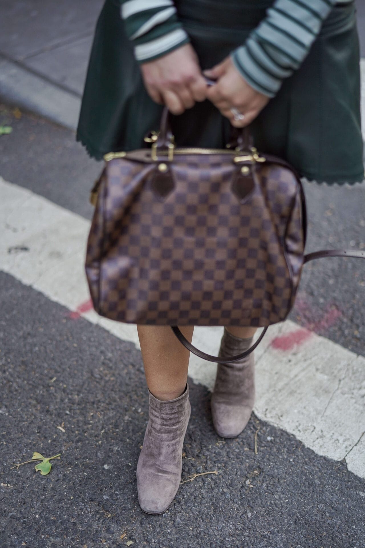 Veronica Beard Sweater Anthro Skirt Coclico Booties LV Bag Outfit by Modnitsa Styling