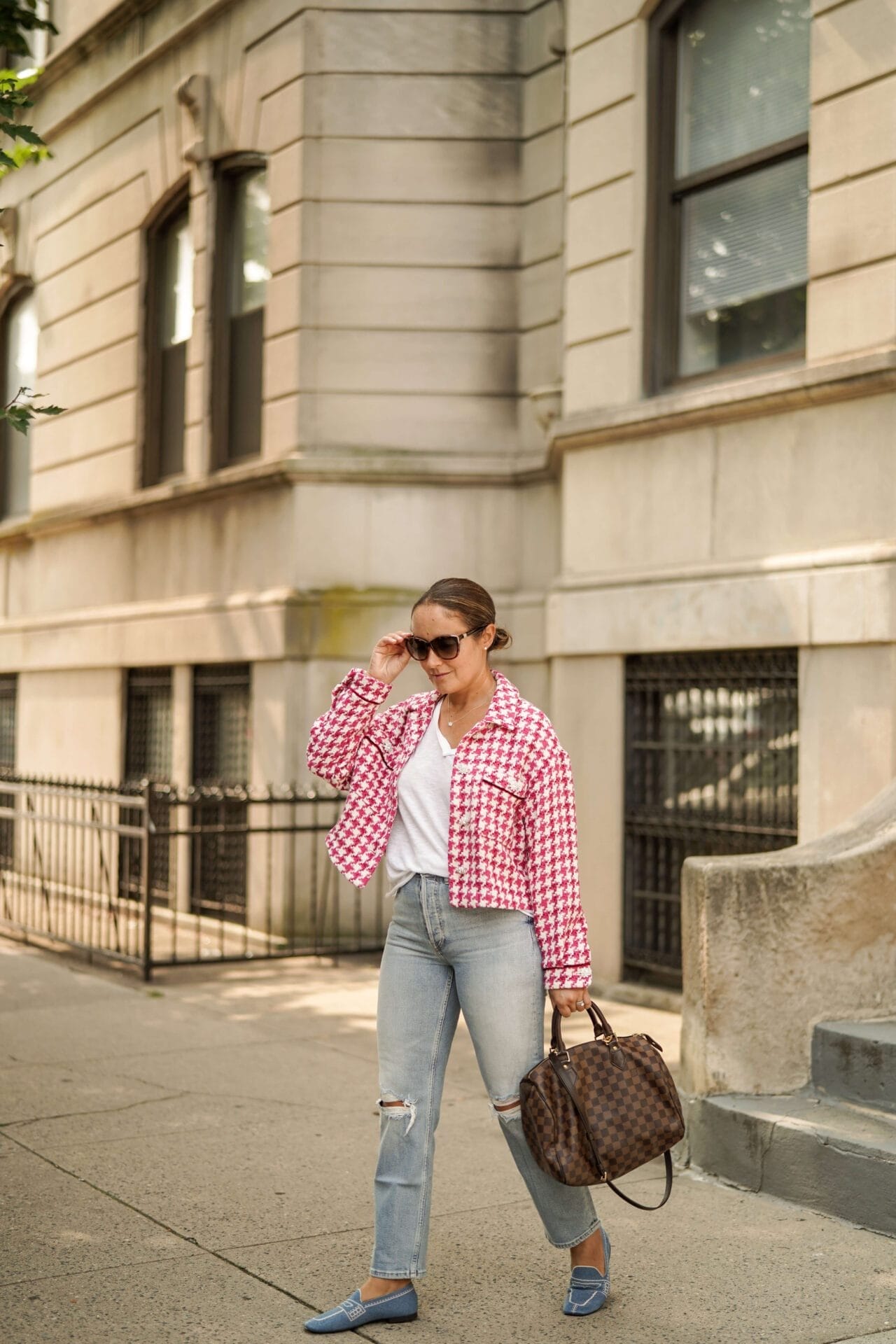 Zara Jacket ReDone Jeans Free People Tee Vivaia Shoes LV Bag Look