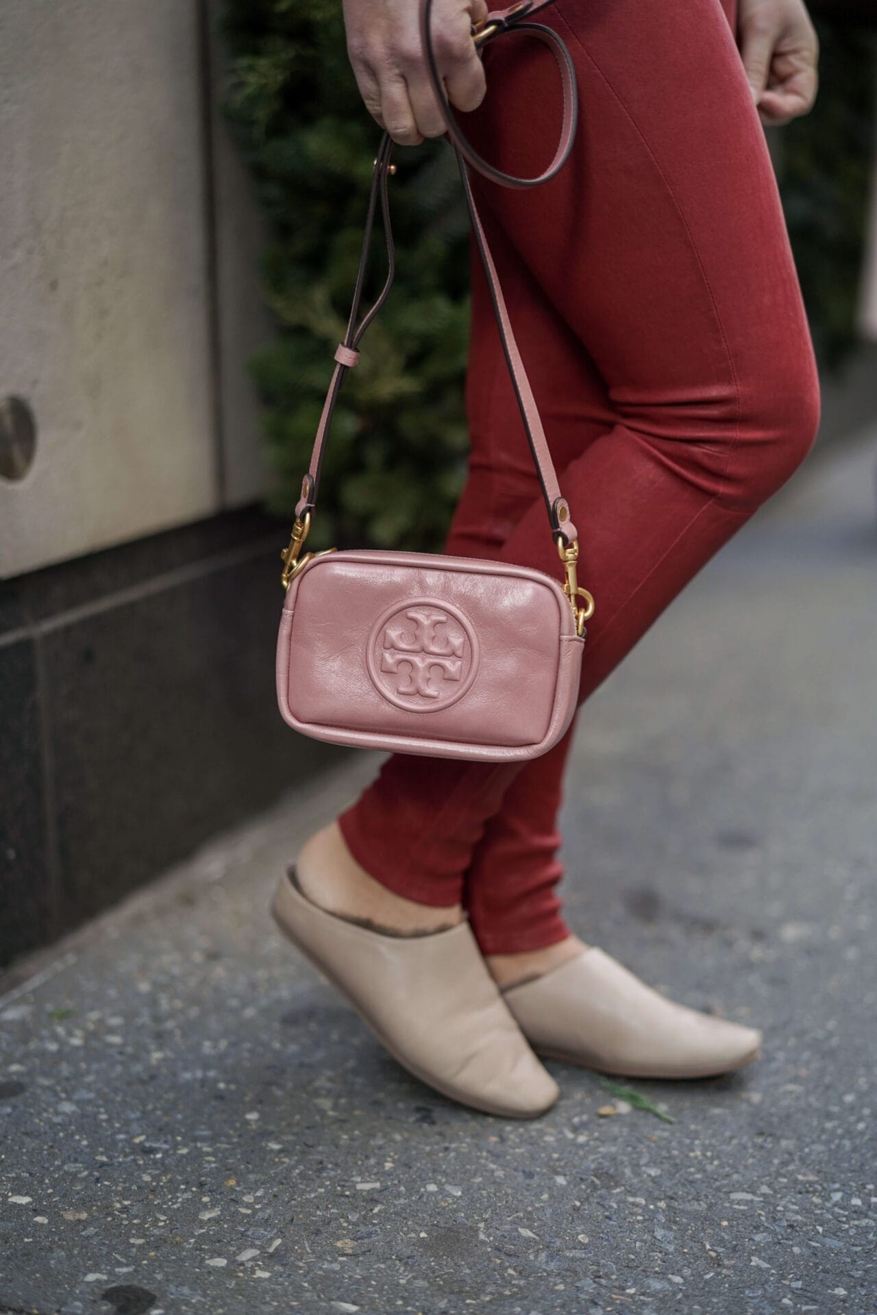 Green Sequin Body Suit Red Frame Leather Pants Tory Burch Bag Coclico Slides Outfit by Modnitsa Styling